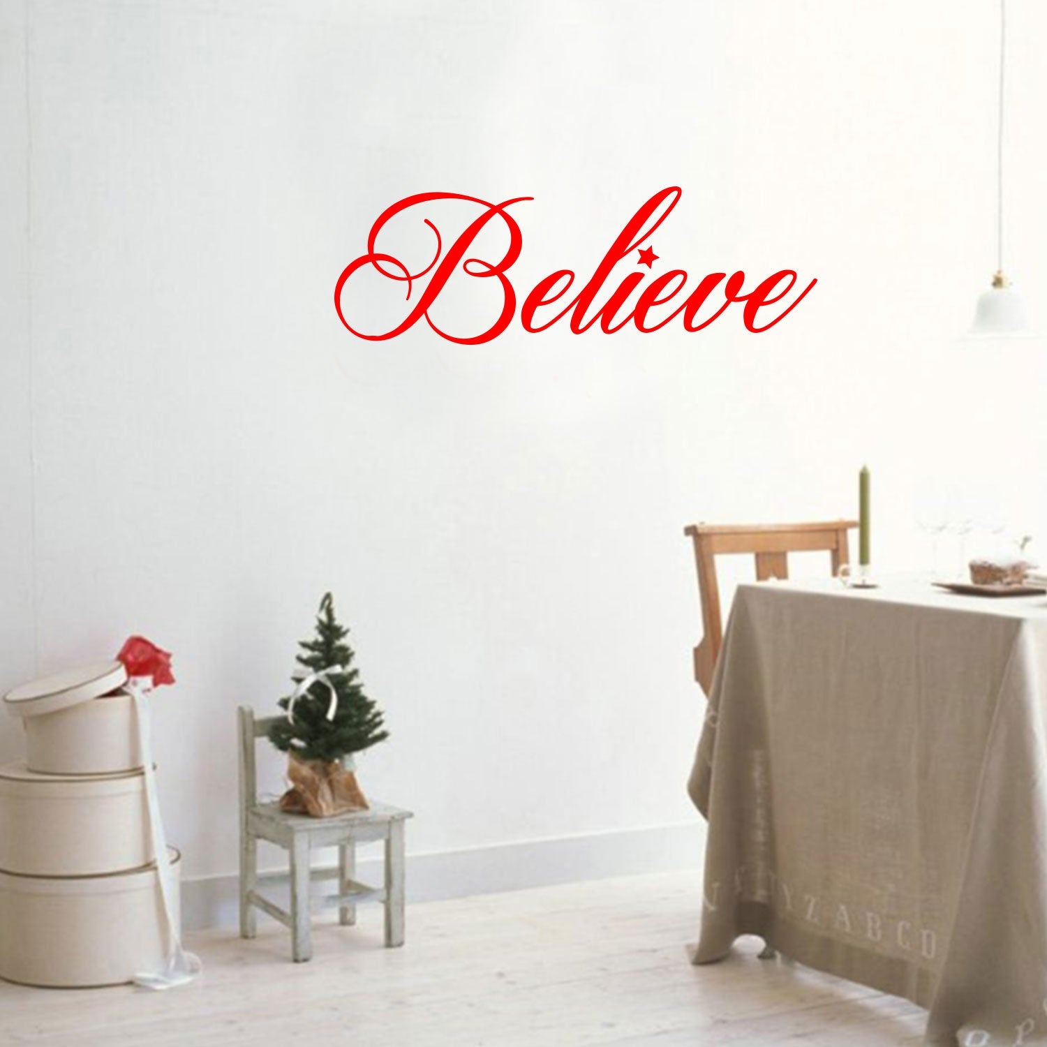 Chic Christmas Holiday Believe Vinyl Wall Art Decal - 12.5 x 35" Decoration Vinyl Sticker (Red)"
