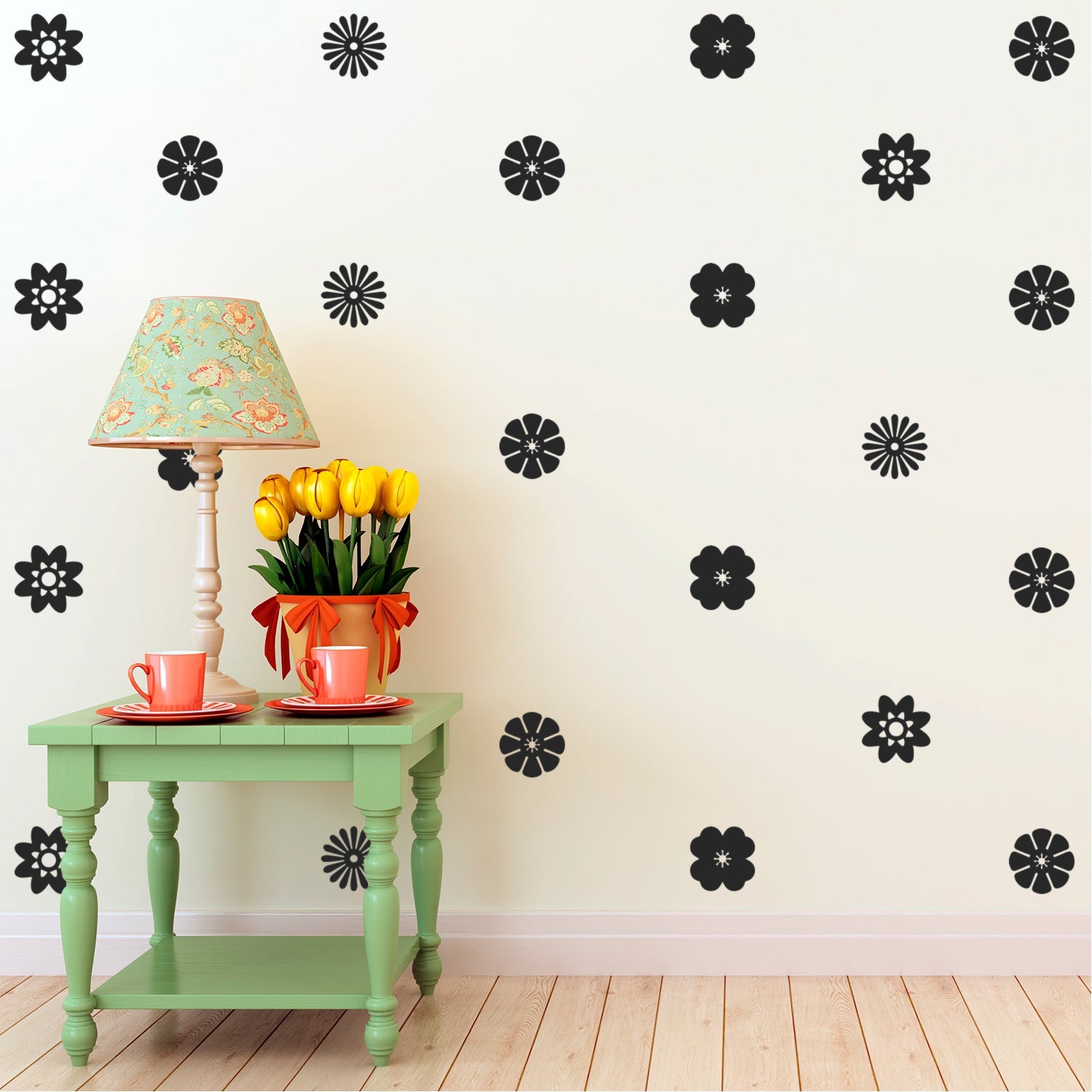 24 Pack of Beautiful Flowers Vinyl Wall Art Decal - 3" x 3" - Bedroom Living Room Wall Decoration - Apartment Vinyl Decal Wall Decor - Kids Room Vinyl Wall Decals - Cute Floral Wall Decor Decals