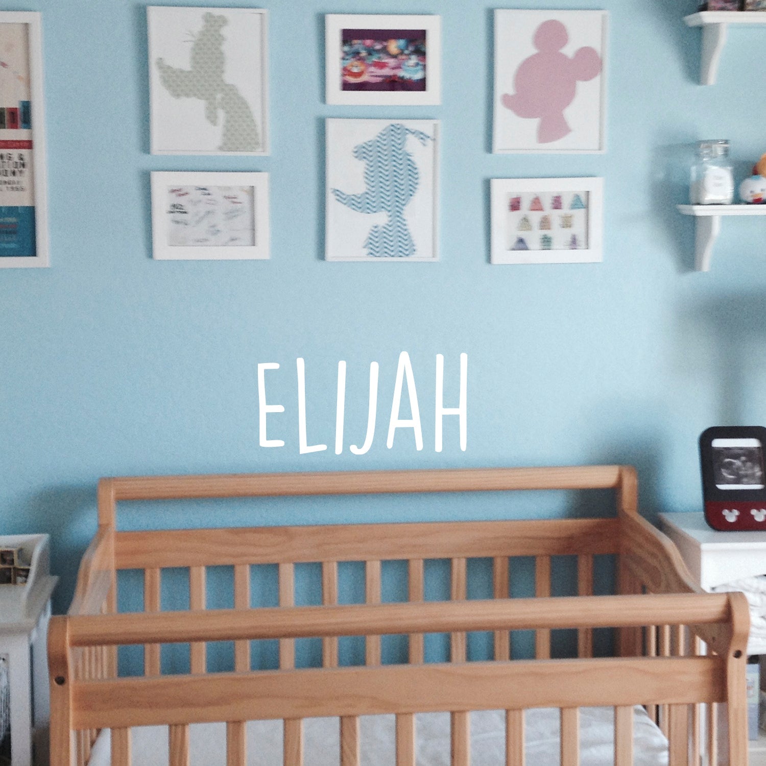Vinyl Wall Art Decal Boys Name - 'Elijah' - 12 x 23" - Little Boys Bedroom Wall Decals - Cute Wall Art for Baby Boy Nursery Room Decor (12" x 23"; White Handwritten)"