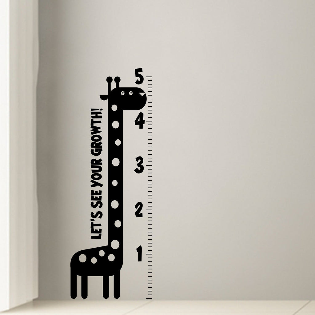 Nursery Vinyl Wall Art Decal - Let’s See Your Growth Chart Zoo Giraffe - 62.5" x 22" - Safari Animal Wall Art Sticker Decals - Unisex Kids Room Play Area Daycare Wall Decor (62.5" x 22"; Black)