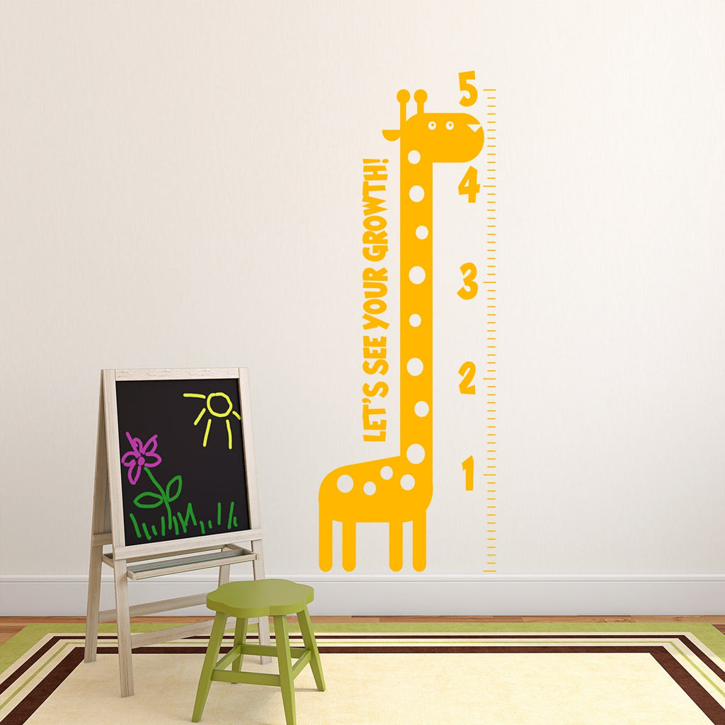 Nursery Vinyl Wall Art Decal - Let’s See Your Growth Chart Zoo Giraffe - 62.5" x 22" - Safari Animal Wall Art Sticker Decals - Unisex Kids Room Play Area Daycare Wall Decor (62.5" x 22"; Black)