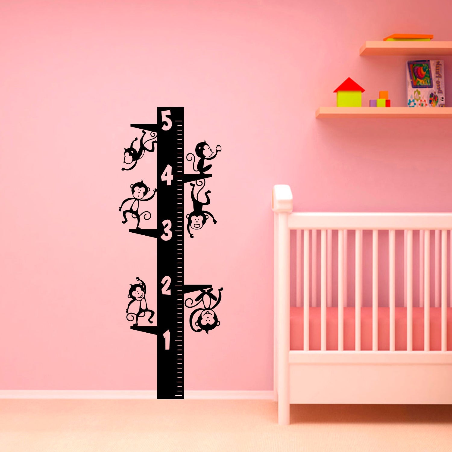 Nursery Vinyl Wall Art Decal - Cute Hanging Monkeys Growth Chart - 64" x 23" - Childrens Bedroom Removable Vinyl Wall Decals - Baby Zoo Animals Unisex Little Kids Room Play Area Daycare