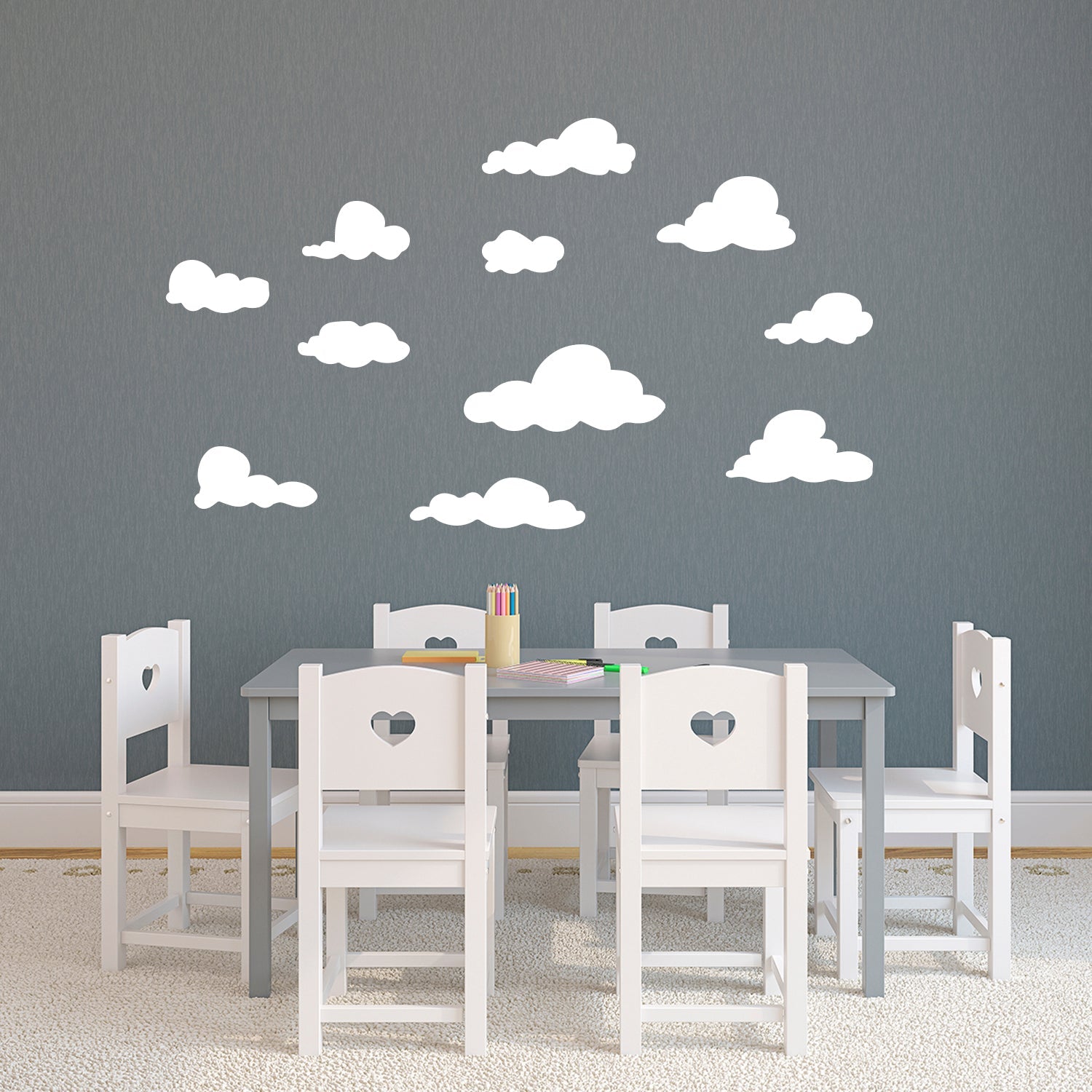 Set of 15 Vinyl Wall Art Decals - White Clouds - 1 to 7" Each - Decor Stickers - Bedroom Dorm Room Vinyl Wall Stencil Adhesives - Simple Cloudy Sky Pattern Kids Room Nursery Daycare"