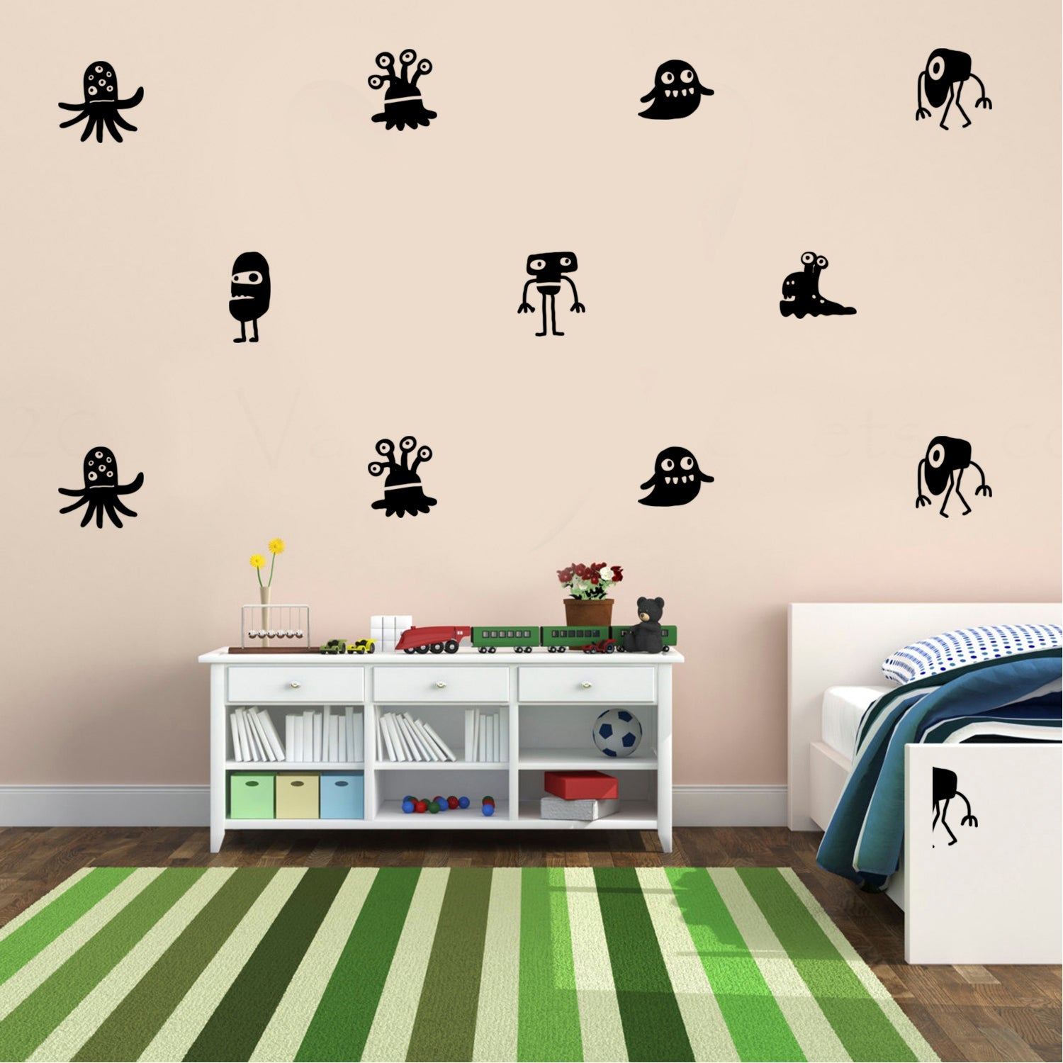 Set of 28 Vinyl Wall Art Decal - Aliens Pattern - 4 to 4" Each - Fun Vinyl Sticker Adhesives for Home Apartment Bedroom Playroom Nursery - Decals for Unisex Toddlers Teens"