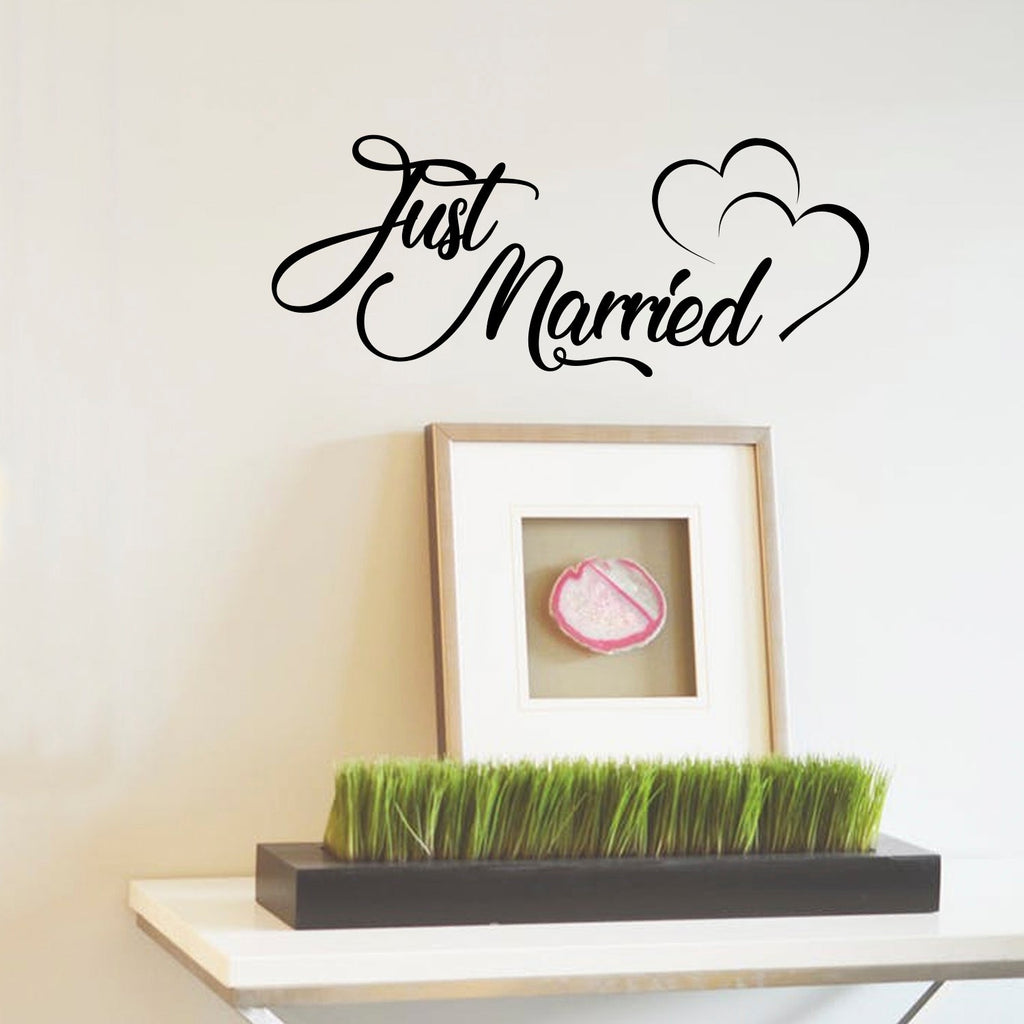 Vinyl Wall Art Decal - Just Married with Hearts - 11 x 28" - Couples Wedding Home Bedroom Wall Sticker - Happy Life Marriage Gifts for Apartment Living Room Indoor Outdoor Decor (11" x 28"; Black)"