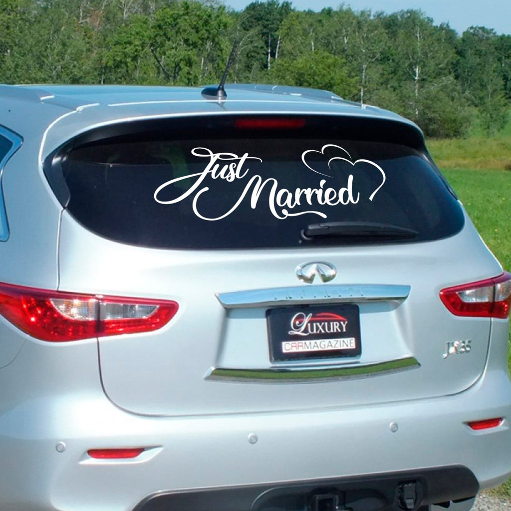 Vinyl Wall Art Decal - Just Married with Hearts - 11 x 28" - Couples Wedding Home Bedroom Wall Sticker - Happy Life Marriage Gifts for Apartment Living Room Indoor Outdoor Decor (11" x 28"; Black)"