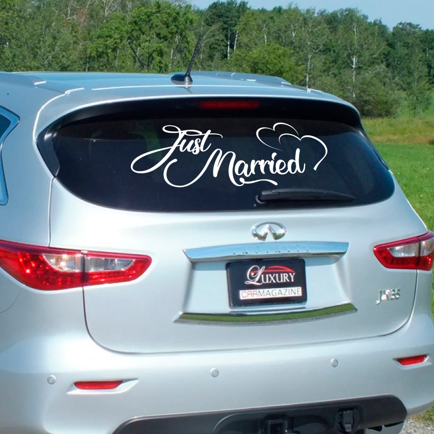 Vinyl Wall Art Decal - Just Married with Hearts - 11 x 28" - Couples Wedding Home Bedroom Wall Sticker - Happy Life Marriage Gifts for Apartment Living Room Indoor Outdoor Decor (11" x 28"; Black)"