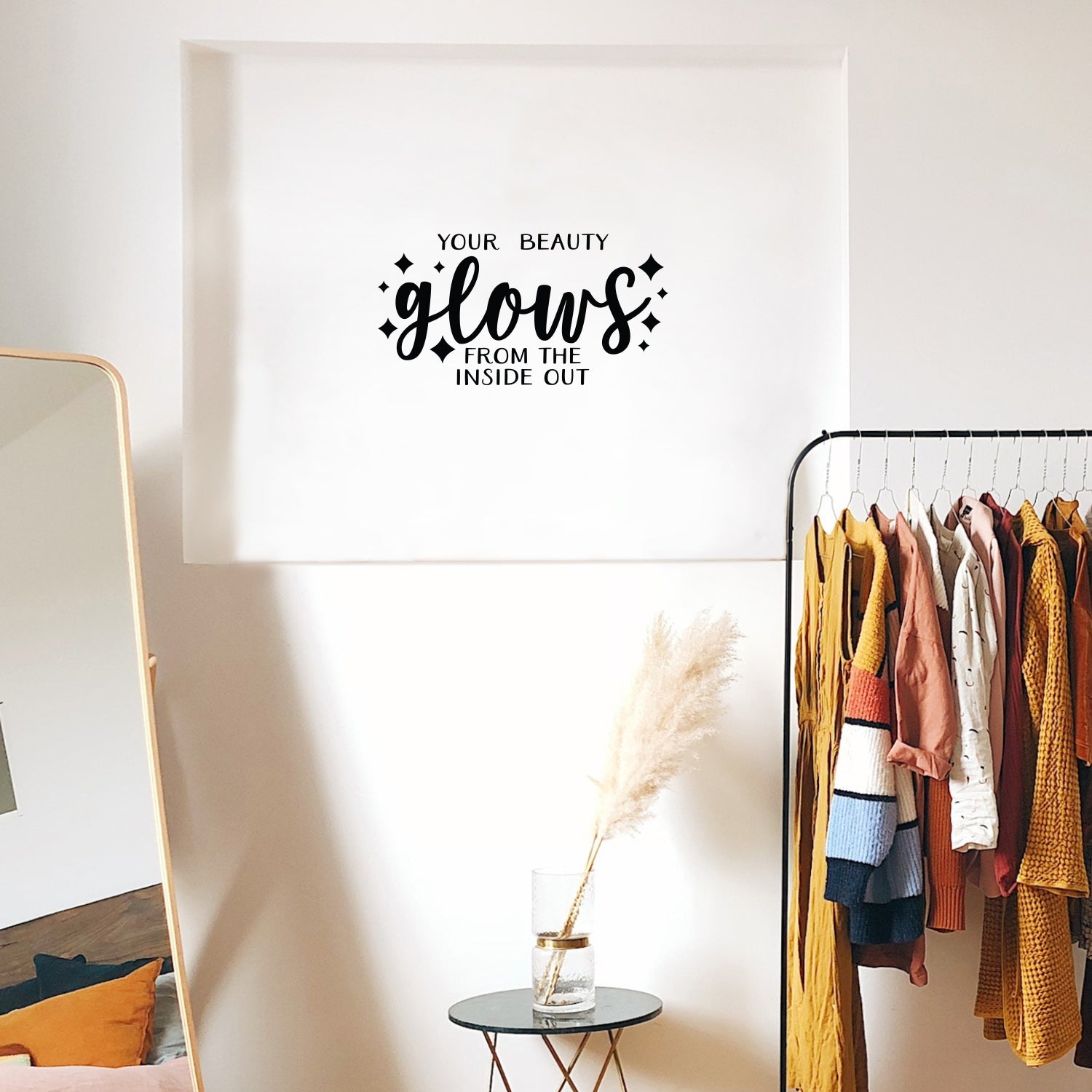 Vinyl Wall Art Decal - Your Beauty Glows from The Inside Out - 11.5 x 22" - Inspirational Cute Self Esteem Quote Sticker for Bedroom Closet Kids Room Playroom Bathroom Office School Decor (Black)"
