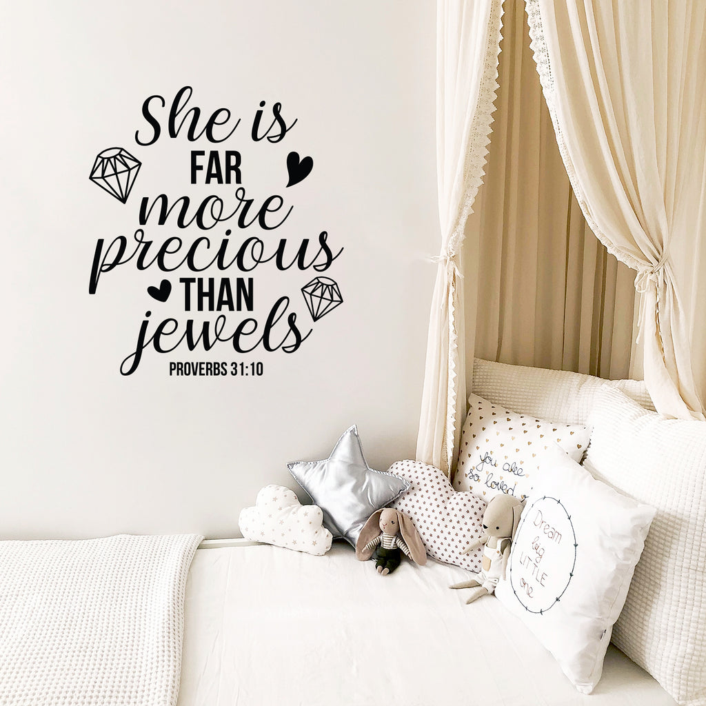 Vinyl Wall Art Decal - She is Far More Precious Than Jewels - 25 x 22" - Icons Design Trendy Inspirational Quote Sticker for Girls Bedroom Living Room Kids Room Home Office Decor (Black)"