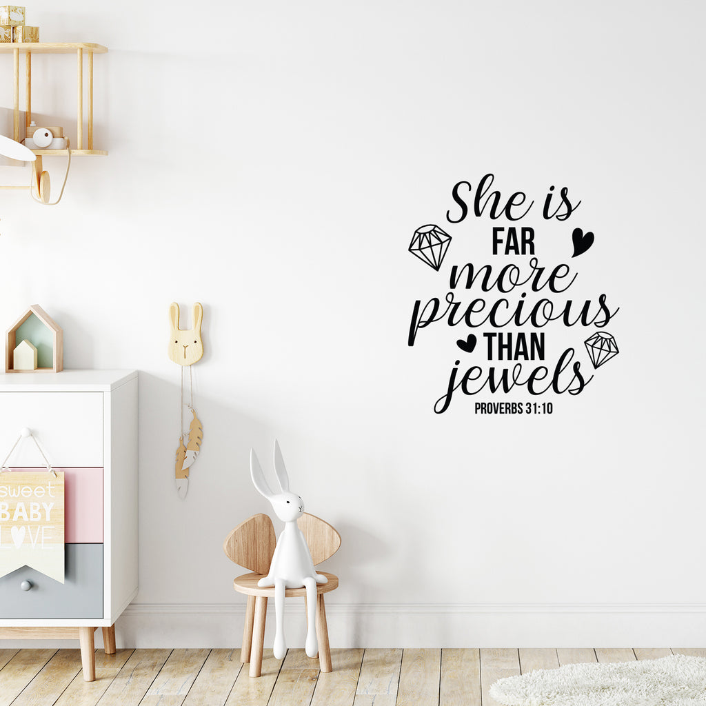 Vinyl Wall Art Decal - She is Far More Precious Than Jewels - 25 x 22" - Icons Design Trendy Inspirational Quote Sticker for Girls Bedroom Living Room Kids Room Home Office Decor (Black)"