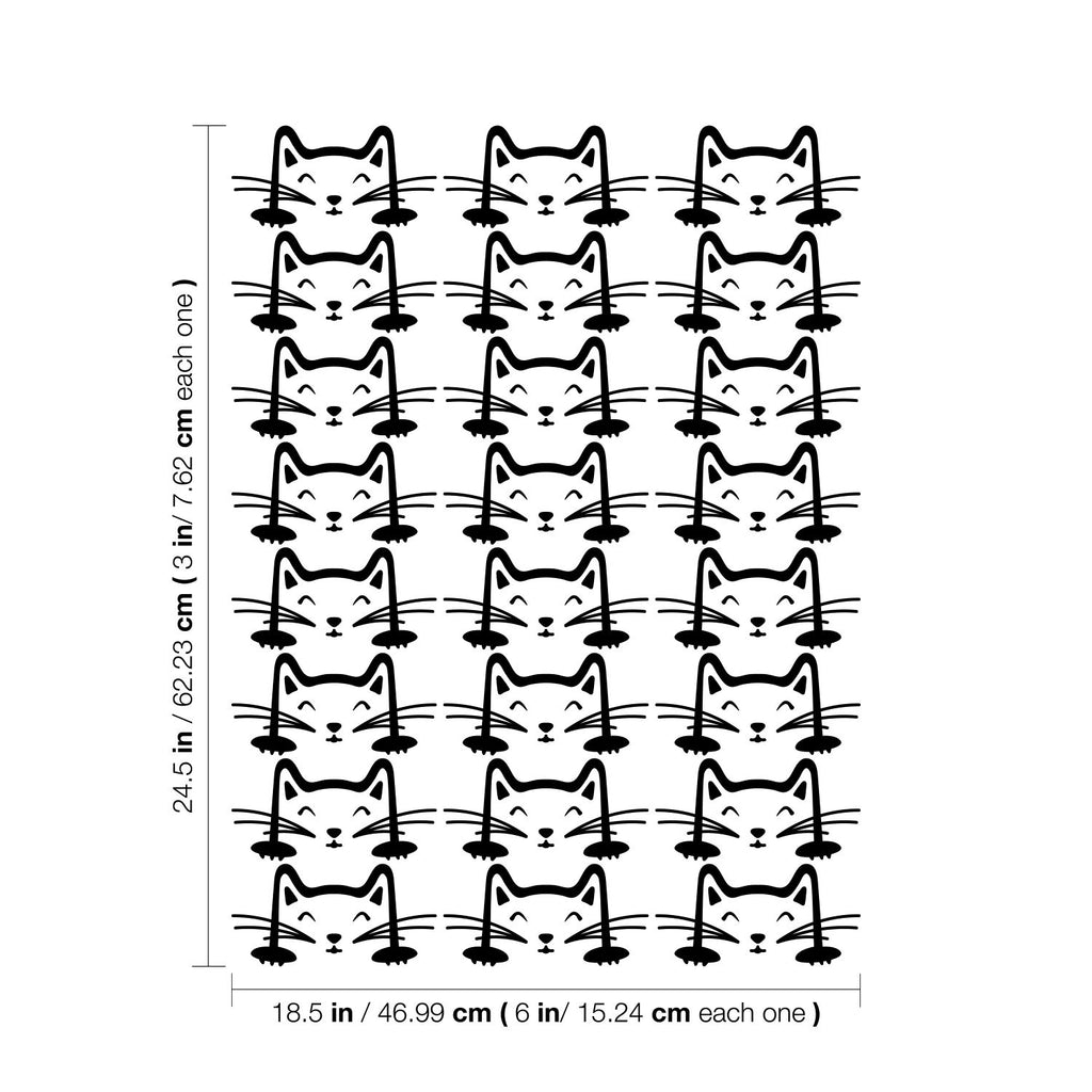 Set of 24 Vinyl Wall Art Decal - Cat Faces Pattern - from 3 x 6" Each - Cute Kitty Adhesive Stickers for Bedroom Kids Room Playroom Home School Classroom Cats Decor (Black)"
