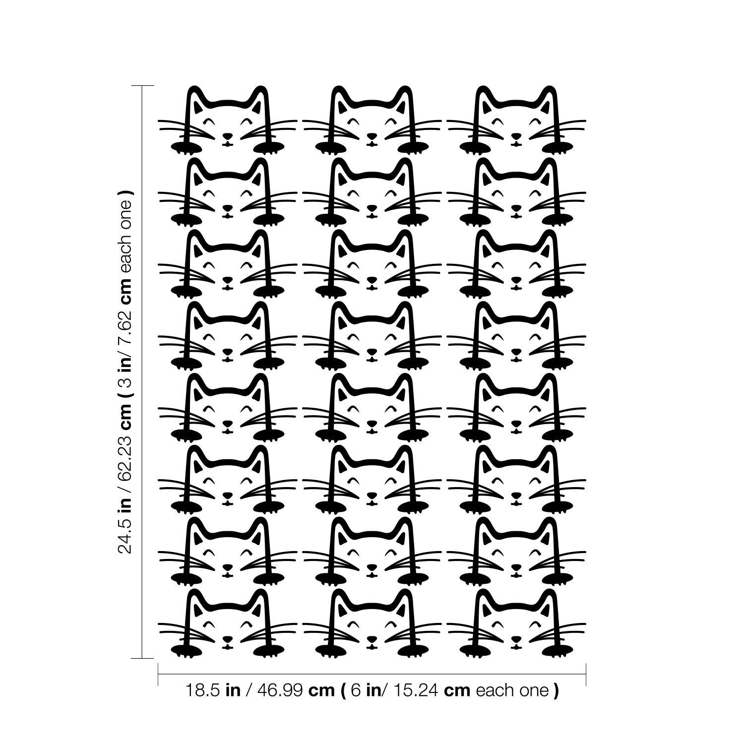 Set of 24 Vinyl Wall Art Decal - Cat Faces Pattern - from 3 x 6" Each - Cute Kitty Adhesive Stickers for Bedroom Kids Room Playroom Home School Classroom Cats Decor (Black)"