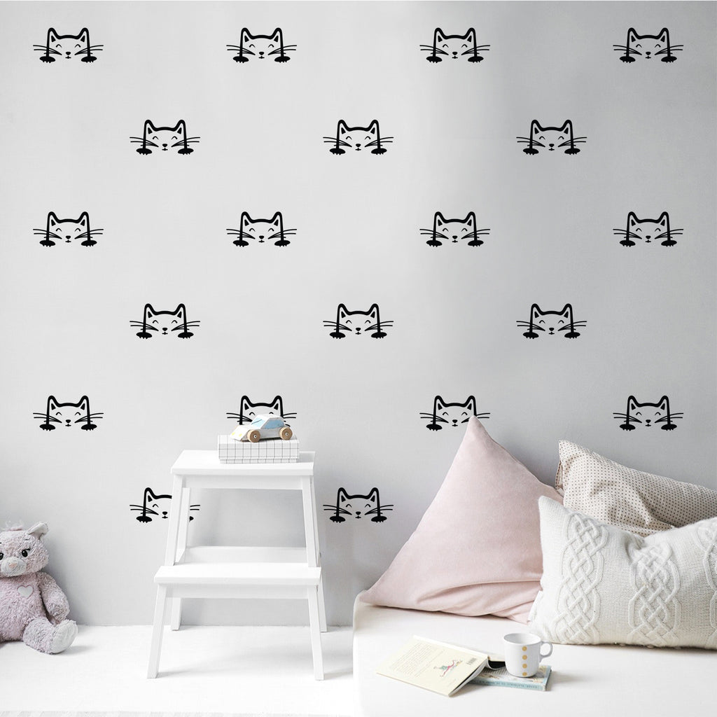 Set of 24 Vinyl Wall Art Decal - Cat Faces Pattern - from 3 x 6" Each - Cute Kitty Adhesive Stickers for Bedroom Kids Room Playroom Home School Classroom Cats Decor (Black)"