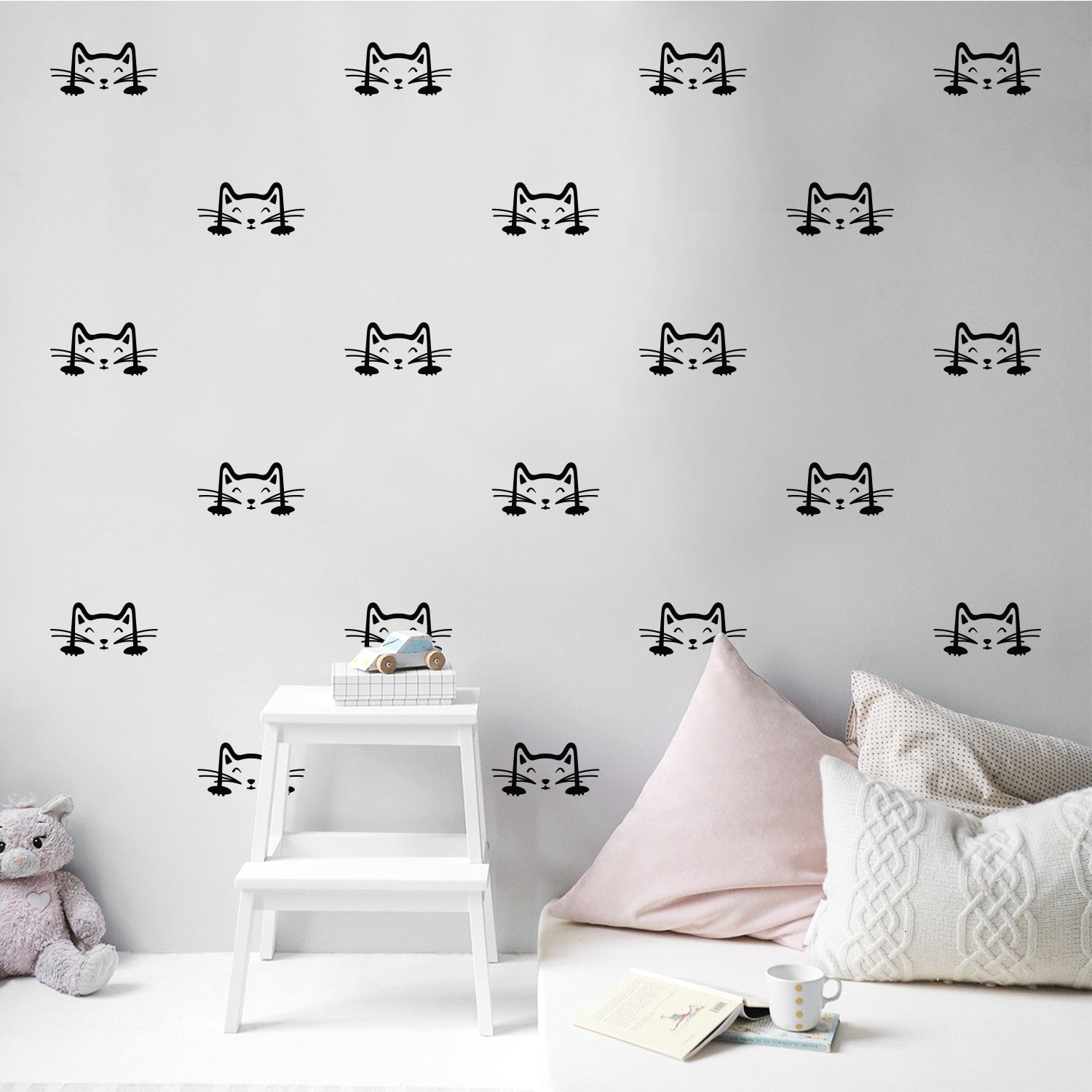 Set of 24 Vinyl Wall Art Decal - Cat Faces Pattern - from 3 x 6" Each - Cute Kitty Adhesive Stickers for Bedroom Kids Room Playroom Home School Classroom Cats Decor (Black)"