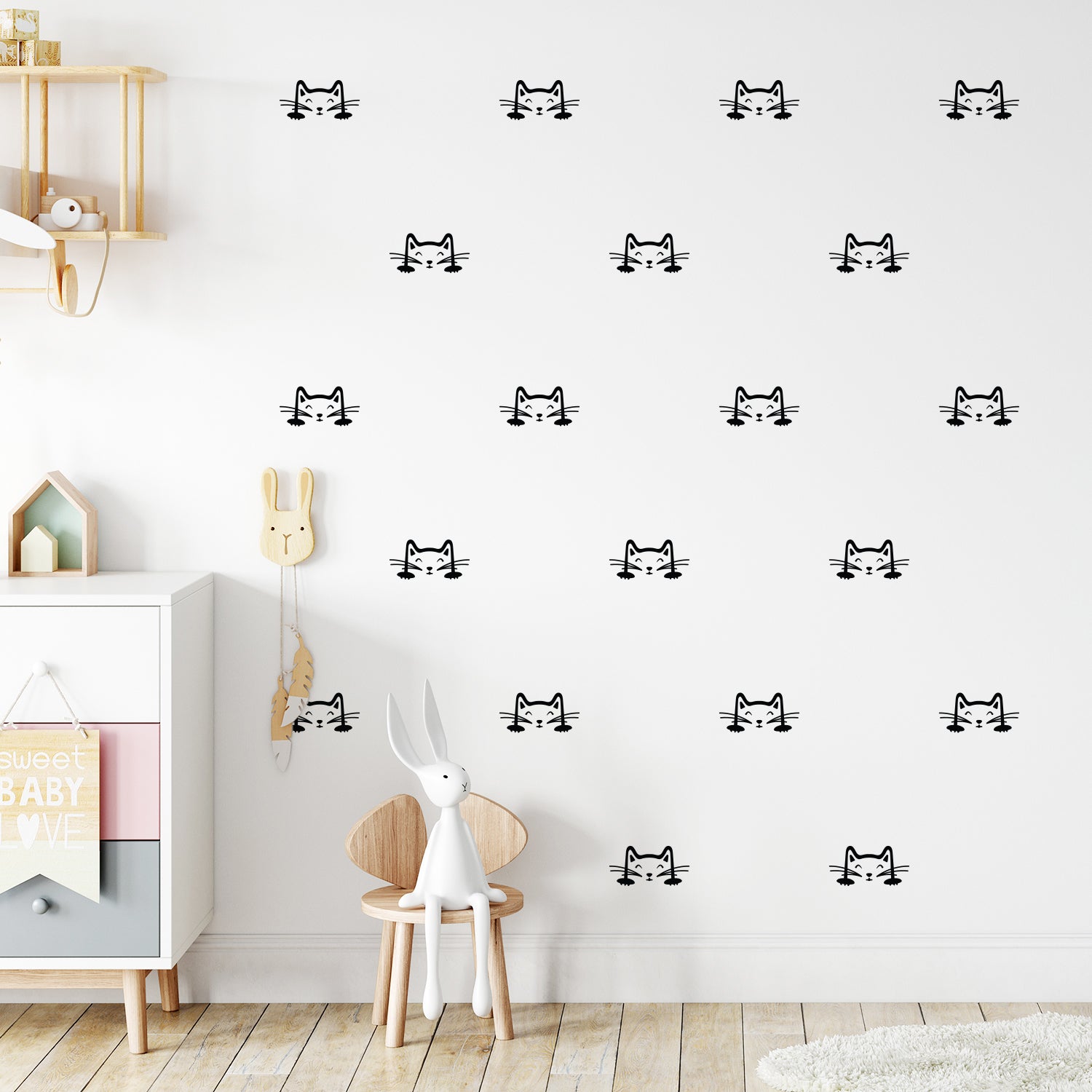 Set of 24 Vinyl Wall Art Decal - Cat Faces Pattern - from 3 x 6" Each - Cute Kitty Adhesive Stickers for Bedroom Kids Room Playroom Home School Classroom Cats Decor (Black)"