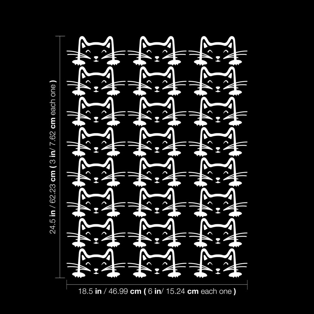 Set of 24 Vinyl Wall Art Decal - Cat Faces Pattern - from 3 x 6" Each - Cute Kitty Adhesive Stickers for Bedroom Kids Room Playroom Home School Classroom Cats Decor (Black)"