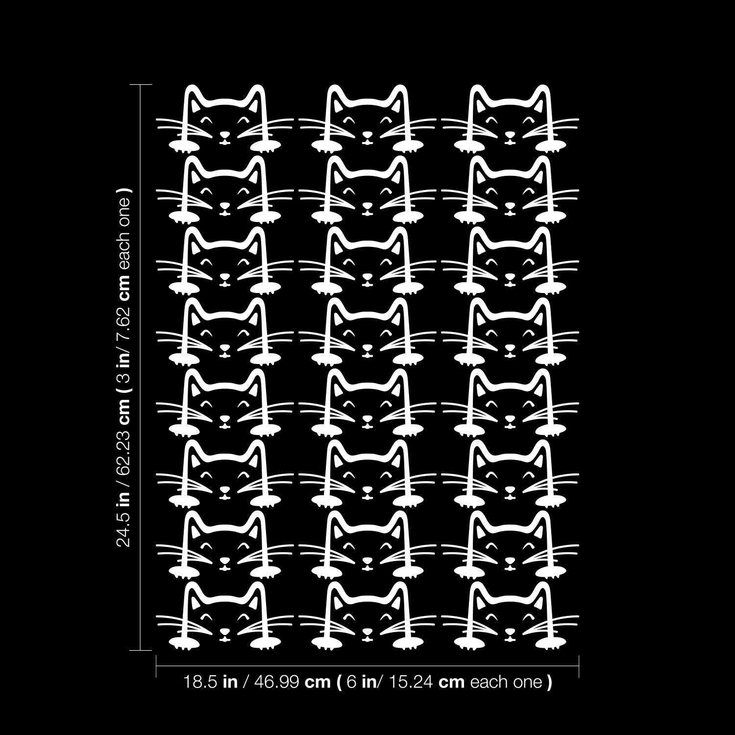 Set of 24 Vinyl Wall Art Decal - Cat Faces Pattern - from 3 x 6" Each - Cute Kitty Adhesive Stickers for Bedroom Kids Room Playroom Home School Classroom Cats Decor (Black)"