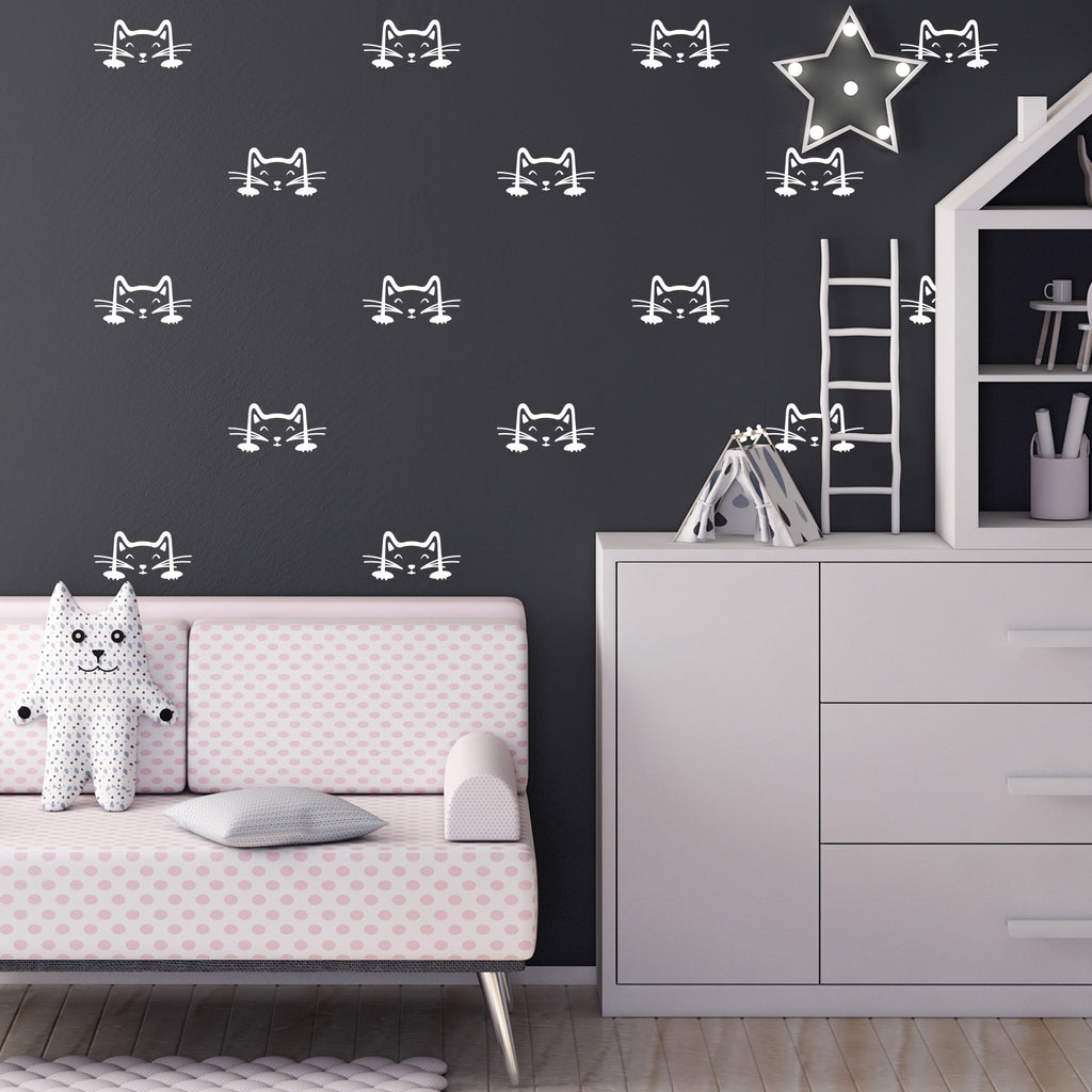 Set of 24 Vinyl Wall Art Decal - Cat Faces Pattern - from 3 x 6" Each - Cute Kitty Adhesive Stickers for Bedroom Kids Room Playroom Home School Classroom Cats Decor (Black)"