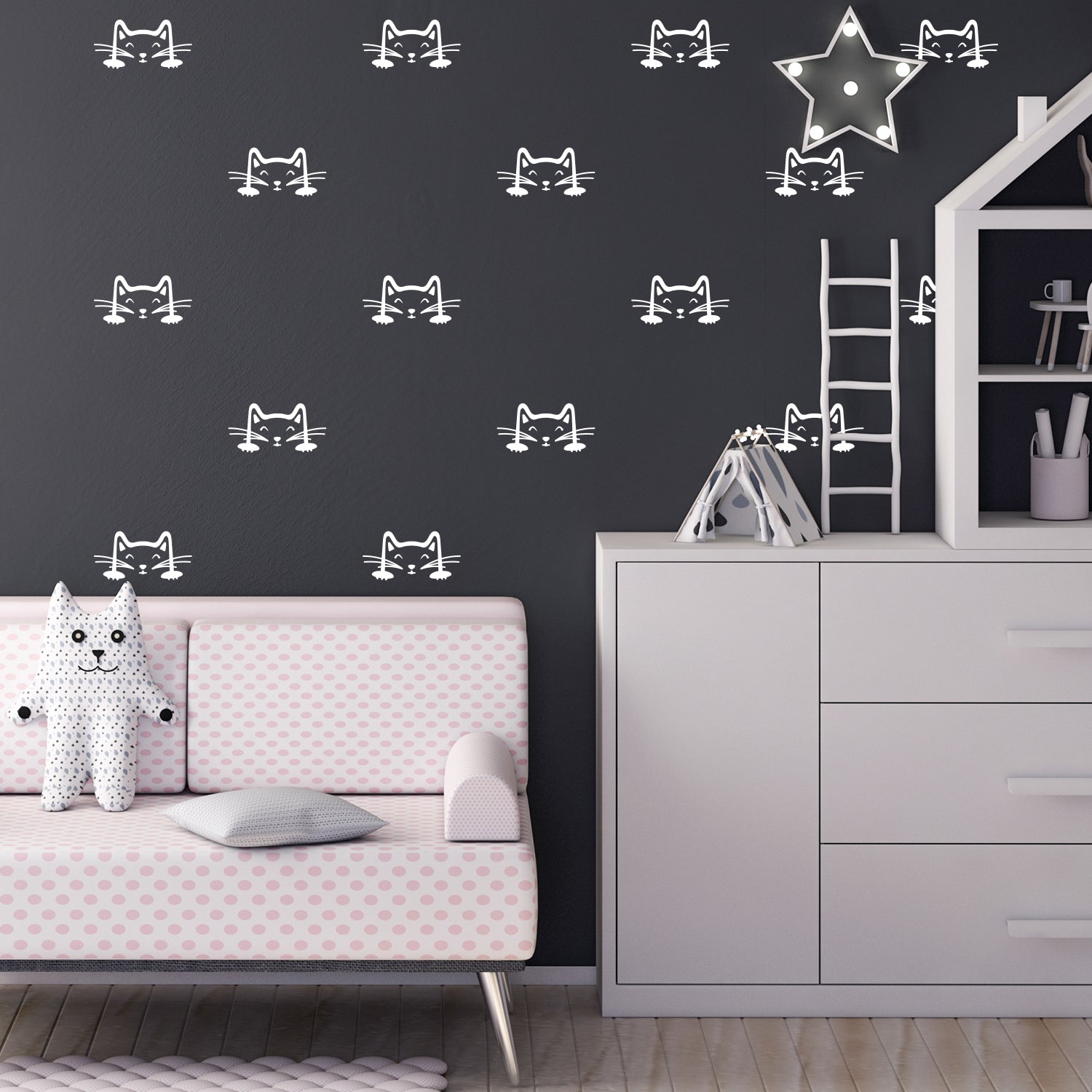 Set of 24 Vinyl Wall Art Decal - Cat Faces Pattern - from 3 x 6" Each - Cute Kitty Adhesive Stickers for Bedroom Kids Room Playroom Home School Classroom Cats Decor (Black)"