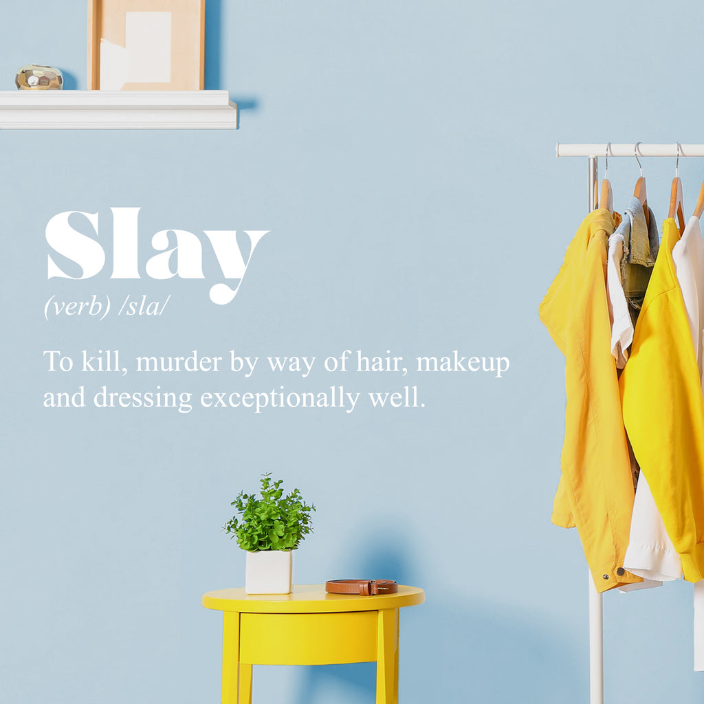 Vinyl Wall Art Decal - Slay. Makeup and Dressing Exceptionally Well - 15 x 34" - Inspirational Minimalist Chic Quote Sticker for Bedroom Closet Living Room Boutique Store Office Coffee Shop (Black)"