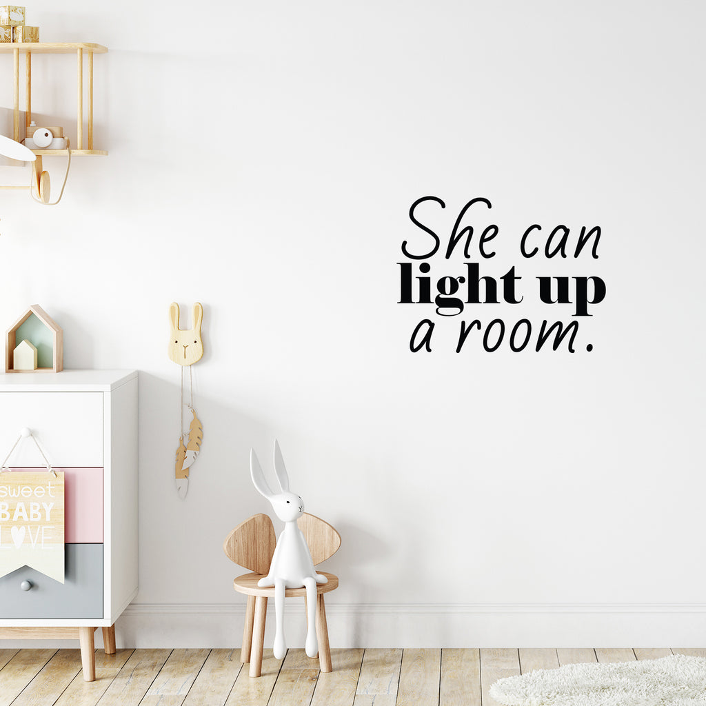 Vinyl Wall Art Decal - She Can Light Up A Room - 16.5 x 22" - Trendy Motivational Self Esteem Quote Sticker for Girls Bedroom Closet Living Room Home Office Decor (Black)"