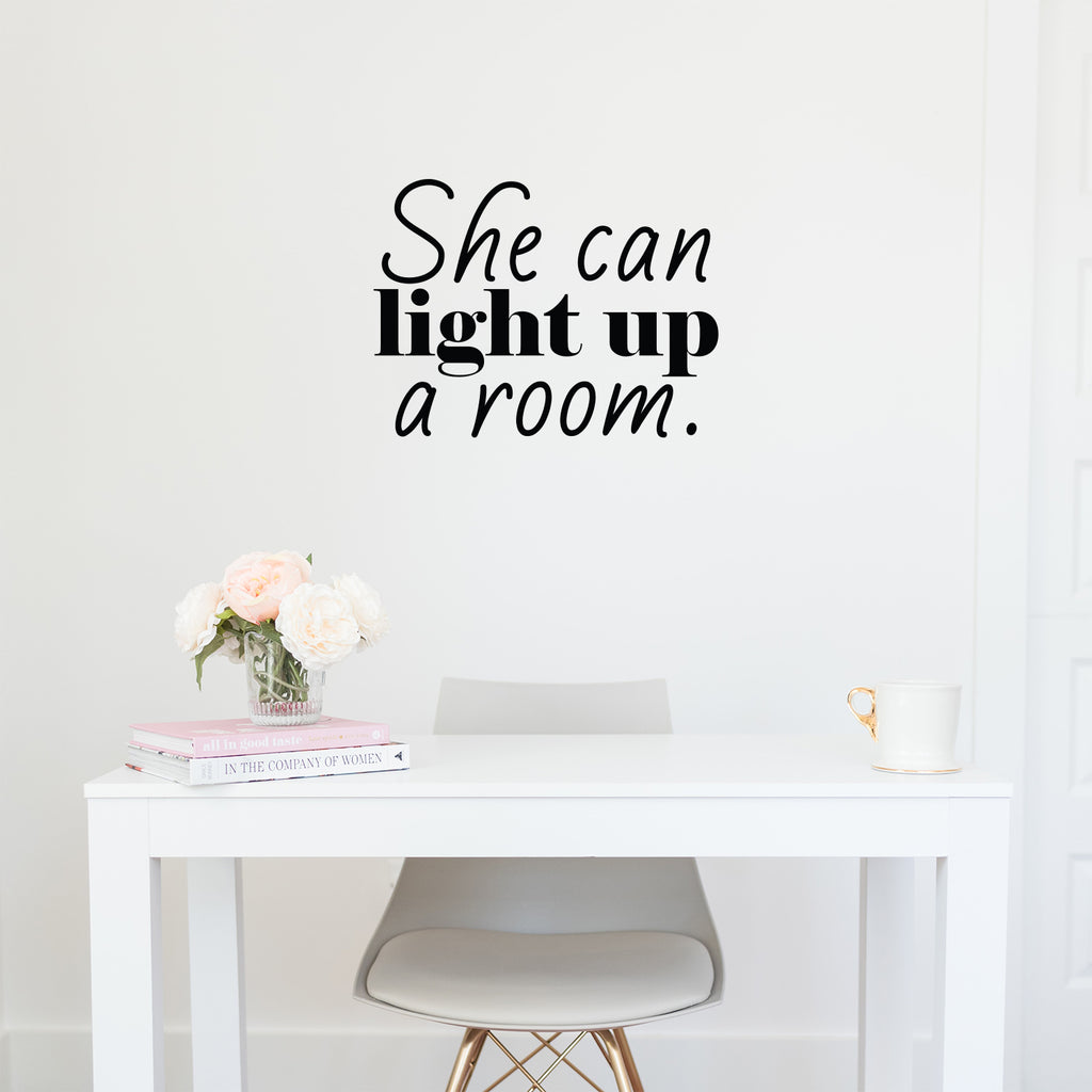 Vinyl Wall Art Decal - She Can Light Up A Room - 16.5 x 22" - Trendy Motivational Self Esteem Quote Sticker for Girls Bedroom Closet Living Room Home Office Decor (Black)"