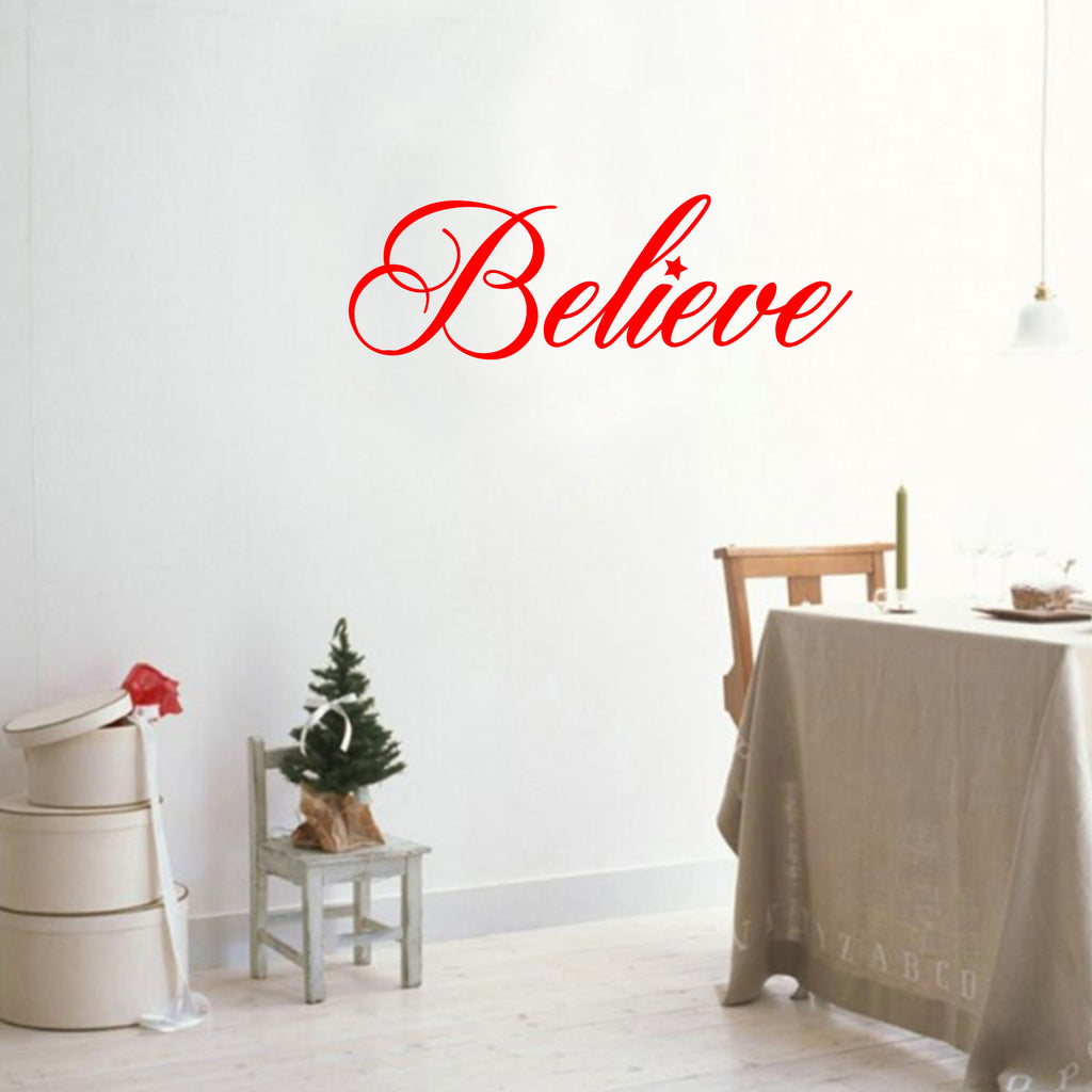 Chic Holiday Believe Vinyl Wall Art Decal - 12.5" x 35" Decoration Vinyl Sticker - Red 660078080405