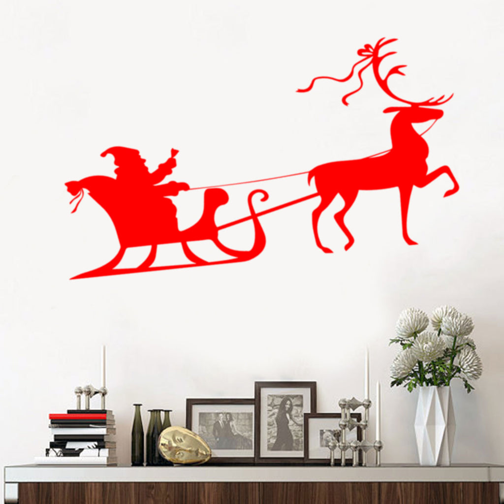 Christmas Holiday Santa's Sleigh and Reindeer Vinyl Wall Art Decal - 20.8" x 40" Decoration Vinyl Sticker - Red 660078114490