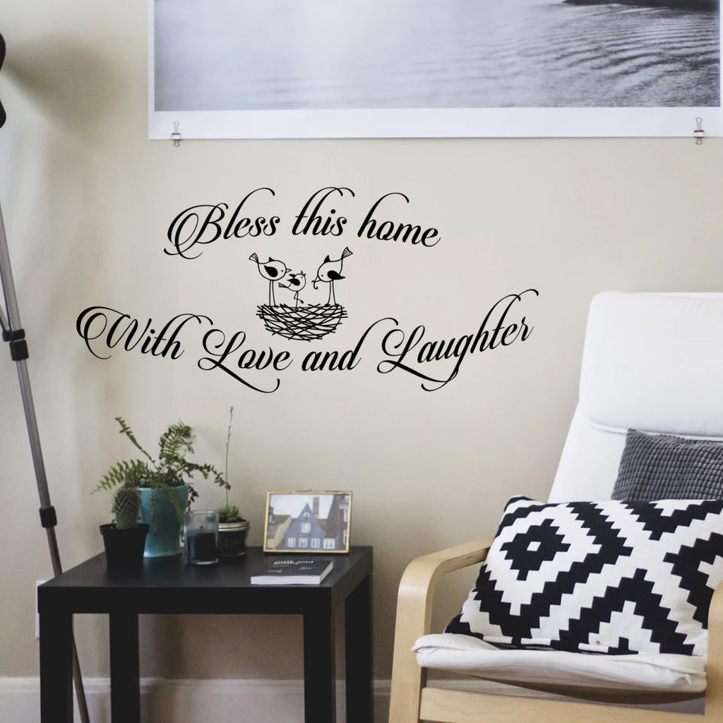 Bless This Home With Love and Laughter - Inspirational Quotes Wall Art Vinyl Decal - 15" x 48" Decoration Vinyl Sticker - Motivational Wall Art Decal - Bedroom Living Room Decor - Trendy Wall Art 660078091074