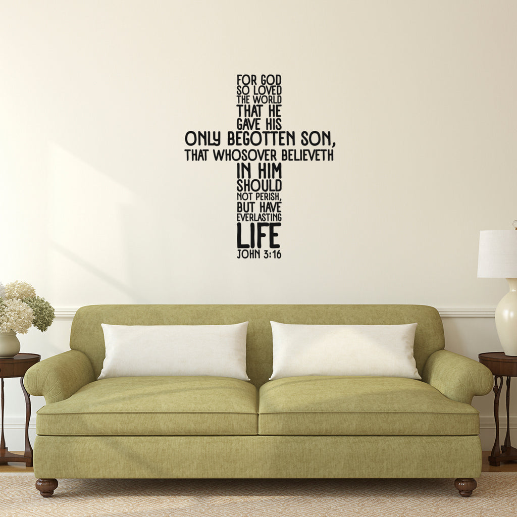 John 3:16 Vinyl Wall Decal Sticker Art (28" x 23") - Religious Faith Wall Art Words - Christianity Inspirational Quote Decal Sticker - God Bible New Testament Motivation Phrase - Cross Sign Wall Decal 660078096727