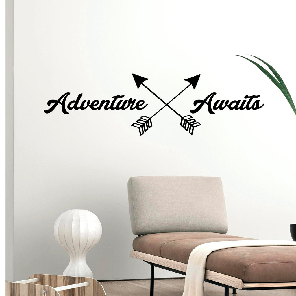 Adventure Awaits Lettering - Inspirational Life Quotes - Wall Art Decal - 11" x 39" Decoration Vinyl Sticker - Apartment Bedroom Living Room Vacations Travel Peel Off Stickers (11" x 39", Black) 660078097328