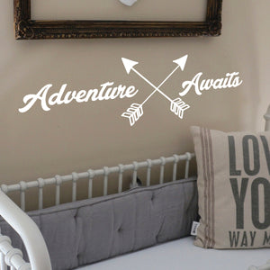 Adventure Awaits Lettering - Inspirational Life Quotes - Wall Art Decal - 11" x 39" Decoration Vinyl Sticker - Apartment Bedroom Living Room Vacations Travel Peel Off Stickers (11" x 39", White) 660078120057