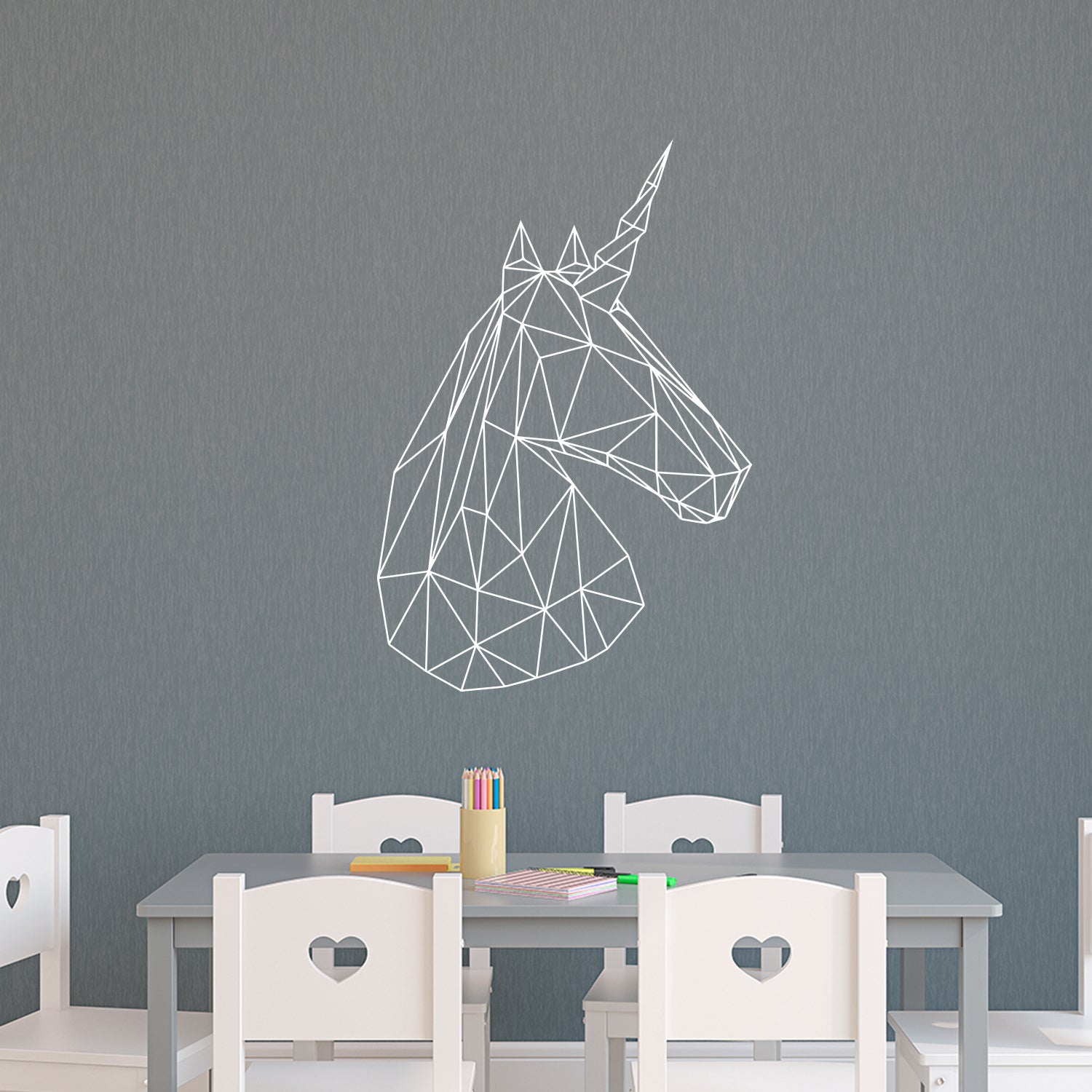 Vinyl Wall Art Decals - Unicorn Head - 34" x 23" - Beautiful Geometric Home Work Place Stencil Adhesives - Decal for Office Living Room Bedroom Dorm Room Decor (34" x 23", White Outline) 660078106525