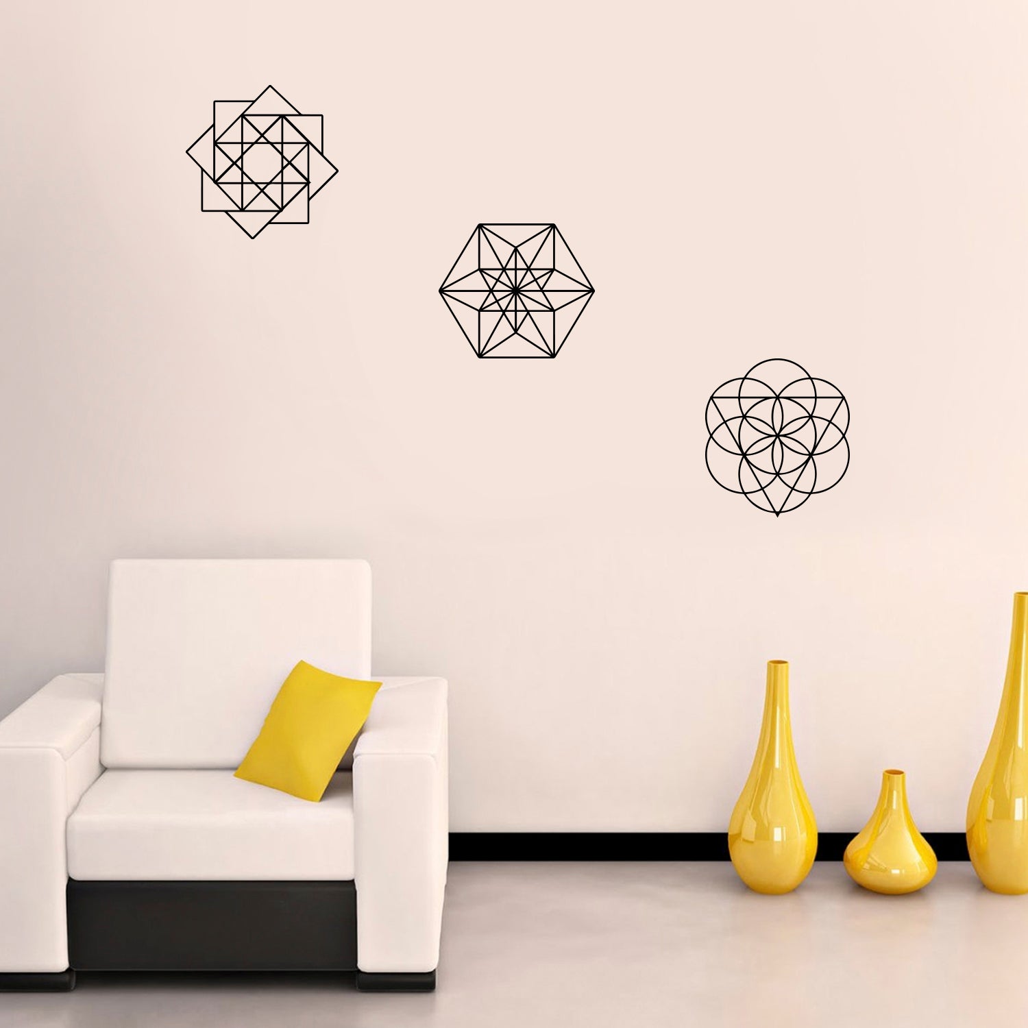 Set Of 3 Vinyl Wall Art Decal - Sacred Geometric Shapes - 13" to 15" Each - Modern Sticker Vinyls For Home Dorm Room Workplace Use - Trendy Architectural Inspired Decals (13"" to 15" each, Black) 660078113783