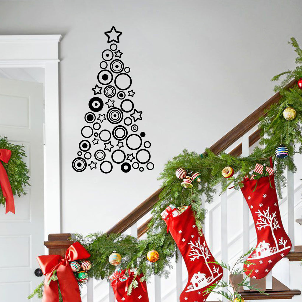 Vinyl Wall Art Decal - Circles and Stars Christmas Tree - 36" x 20" - Seasonal Holiday Decor Sticker - Indoor Outdoor Home Office Wall Door Window Bedroom Workplace Decals (36" x 20", Black) 660078127070