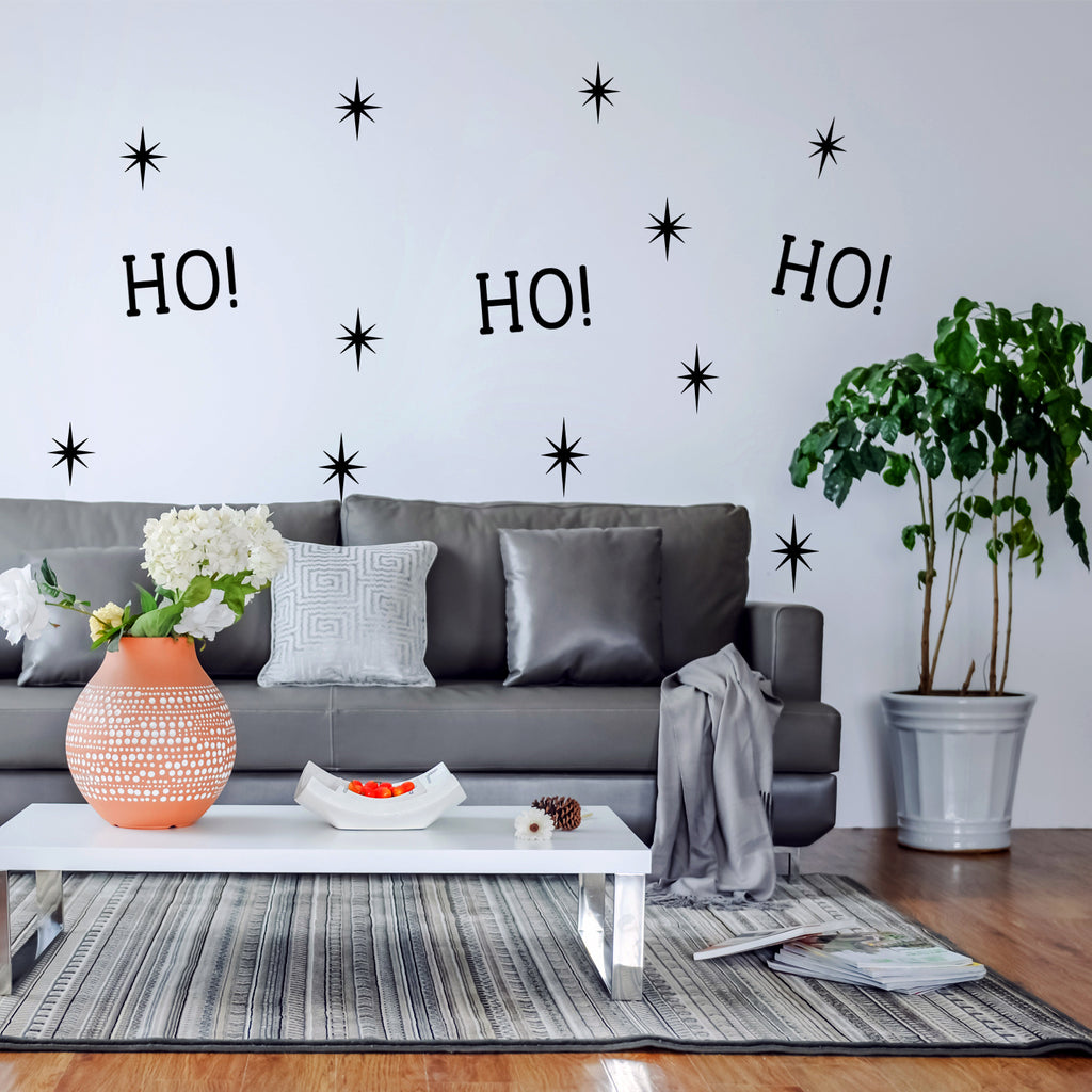 Vinyl Wall Art Decal - Ho Ho Ho and Stars - 22" x 22" - Christmas Seasonal Decoration Sticker - Indoor Outdoor Window Home Living Room Bedroom Apartment Office Door Decor (22" x 22", Black) 660078127537