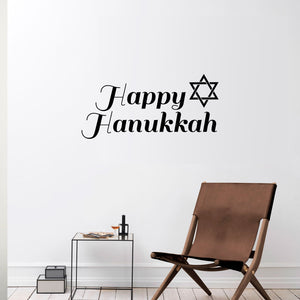 Vinyl Wall Art Decal - Happy Hanukkah with Star - 11" x 23" - Jewish Holiday Decor Sticker - Indoor Outdoor Home Office Wall Door Window Bedroom Workplace Decals (11" x 23", Black) 660078127964