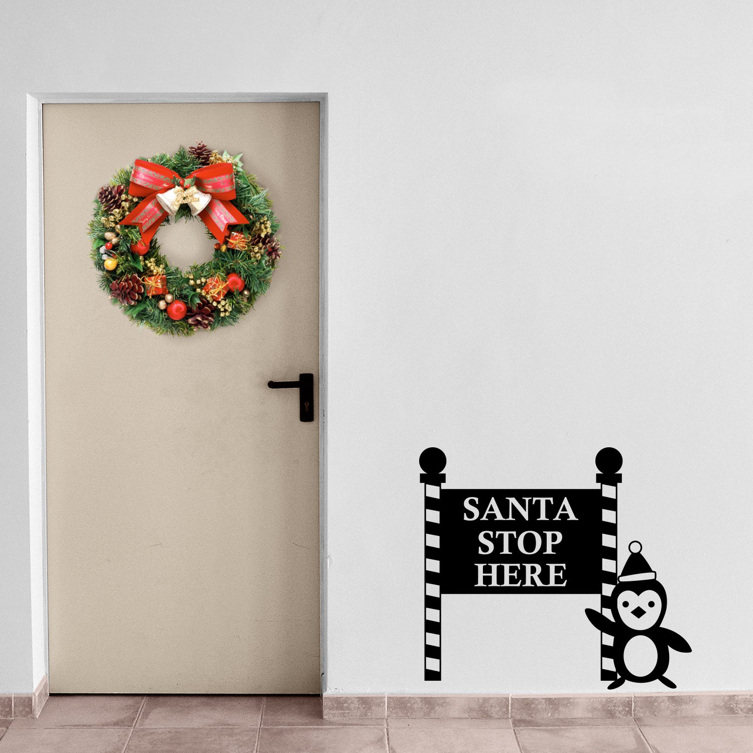 Vinyl Wall Art Decal - Santa Stop with Penguin Sign - 23" x 26" - Holiday Seasonal Sticker - Indoor Outdoor Home Apartment Office Wall Door Window Bedroom Workplace Decor Decals (23" x 26", Black) 660078128145