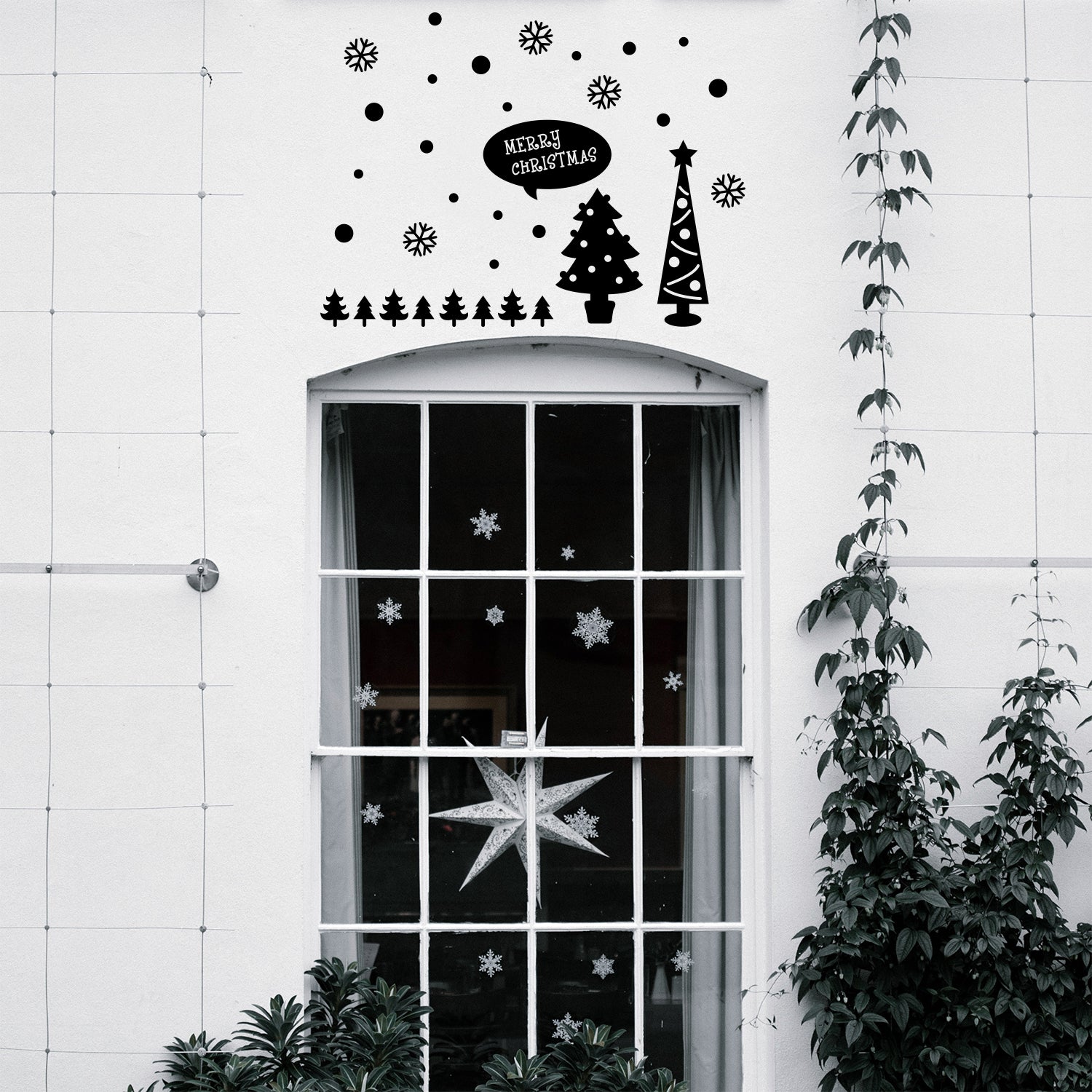 Vinyl Wall Art Decal - Merry Christmas Trees and Snowflakes - 23" x 31" - Holiday Seasonal Sticker - Indoor Home Apartment Office Wall Door Window Bedroom Workplace Decor Decals (23" x 31", Black) 660078128251