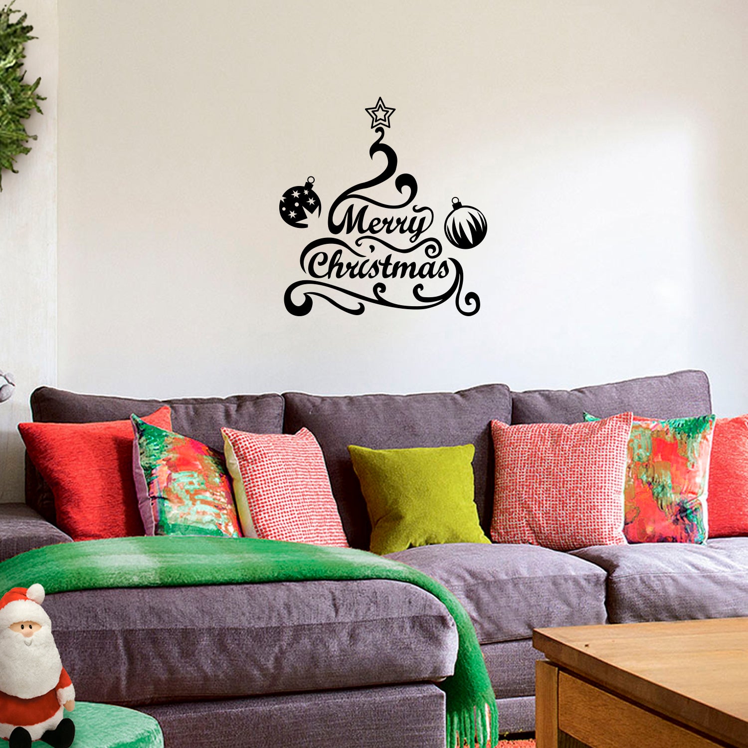 Vinyl Wall Art Decal - Merry Christmas Tree and Ornaments - 24" x 22.5" - Holiday Seasonal Sticker - Indoor Home Apartment Office Wall Door Window Bedroom Workplace Decor Decals (24" x 22.5", Black) 660078128350