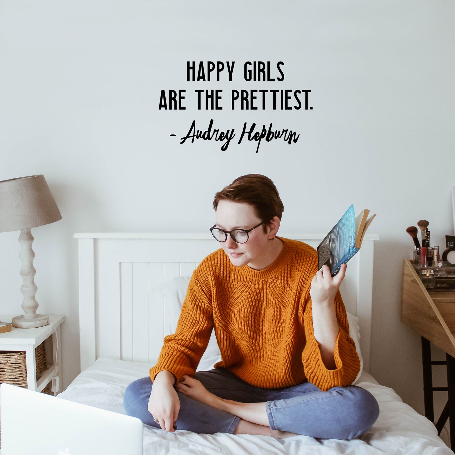 Vinyl Wall Art Decal - Happy Girls are The Prettiest - 12" x 20" - Audrey Hepburn Quote Positive Women's Bedroom Apartment - Modern Indoor Outdoor Home Living Room Office Workplace Decor 660078133446