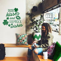 St Patrick's Day Vinyl Wall Art Decal - Irish Kisses and Shamrock Wishes - 23" x 23" - St Patty's Holiday Home Living Room Bedroom Sticker - Coffee Shop Bar Apartment Decor