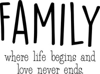 Vinyl Wall Art Decal - Family Where Life Begins & Love Never Ends - 17" x 23" - Inspirational Household Decoration Living Room Bedroom Indoor Outdoor Sticker Wall Decals for Home Decor