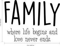 Vinyl Wall Art Decal - Family Where Life Begins & Love Never Ends - 17" x 23" - Inspirational Household Decoration Living Room Bedroom Indoor Outdoor Sticker Wall Decals for Home Decor