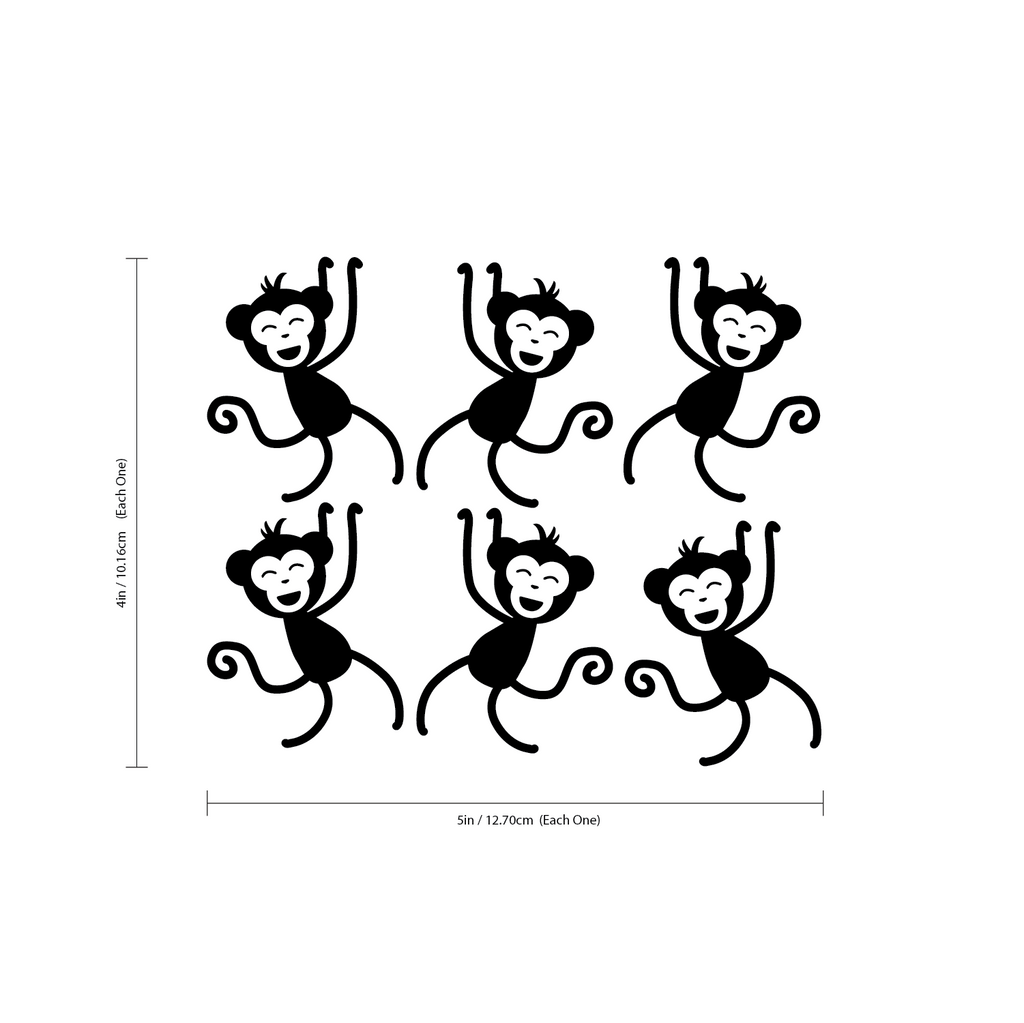 Set of 6 Vinyl Wall Art Decals - Monkeys - 4" x 5" Each - Bedroom Wall Art Vinyl Stickers - Unisex Nursery Animal Theme Decal - Kids Room Vinyl Wall Stickers 660078100592