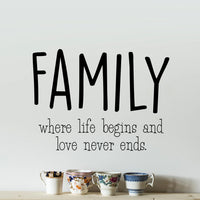 Vinyl Wall Art Decal - Family Where Life Begins & Love Never Ends - 17" x 23" - Inspirational Household Decoration Living Room Bedroom Indoor Outdoor Sticker Wall Decals for Home Decor