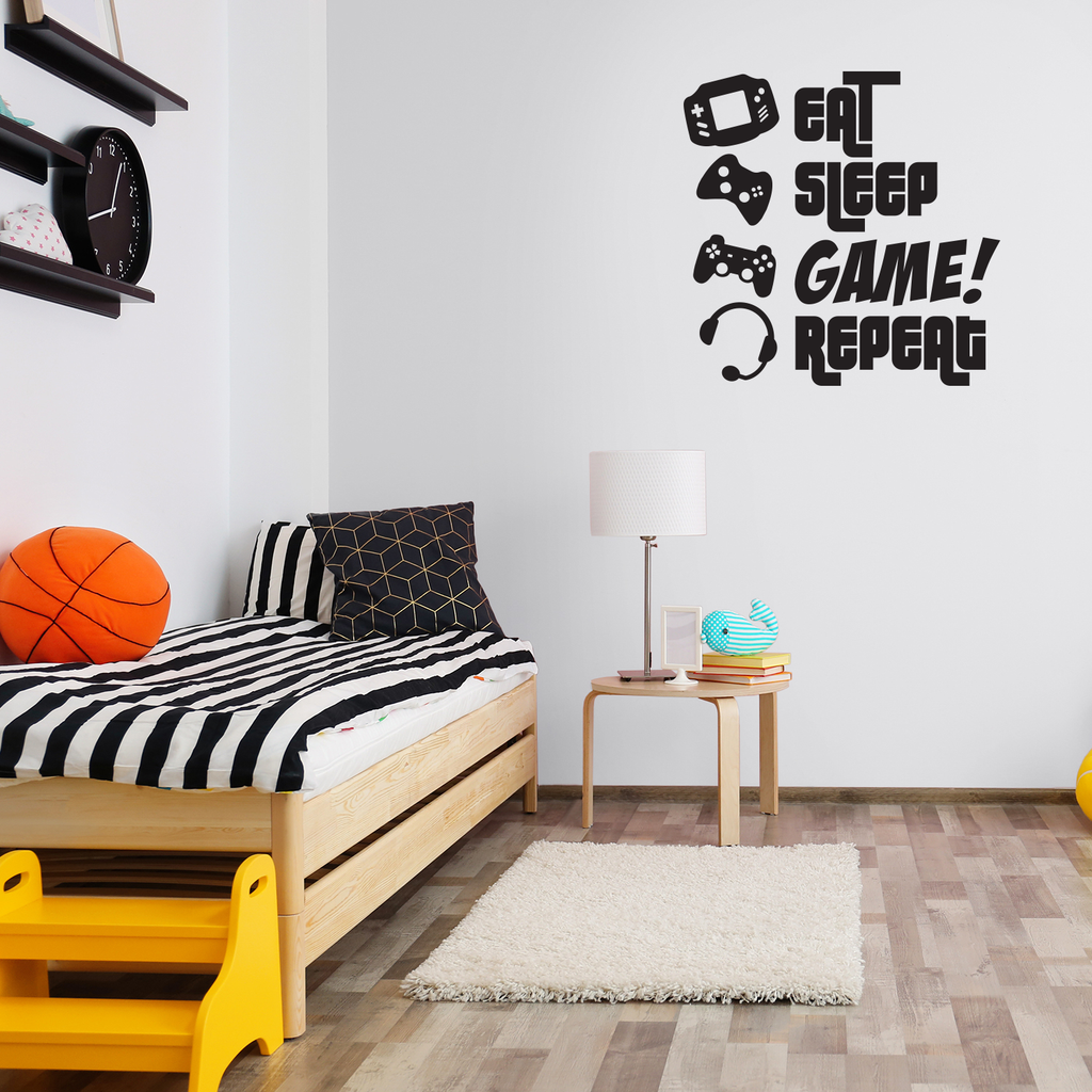 EAT, SLEEP, GAME, REPEAT - 46" x 47" - Gamers Wall Art Vinyl Decal - Video Gamers Cool Wall Decor- Decoration Vinyl Sticker - Teen Boys Room Decor - 660078090800