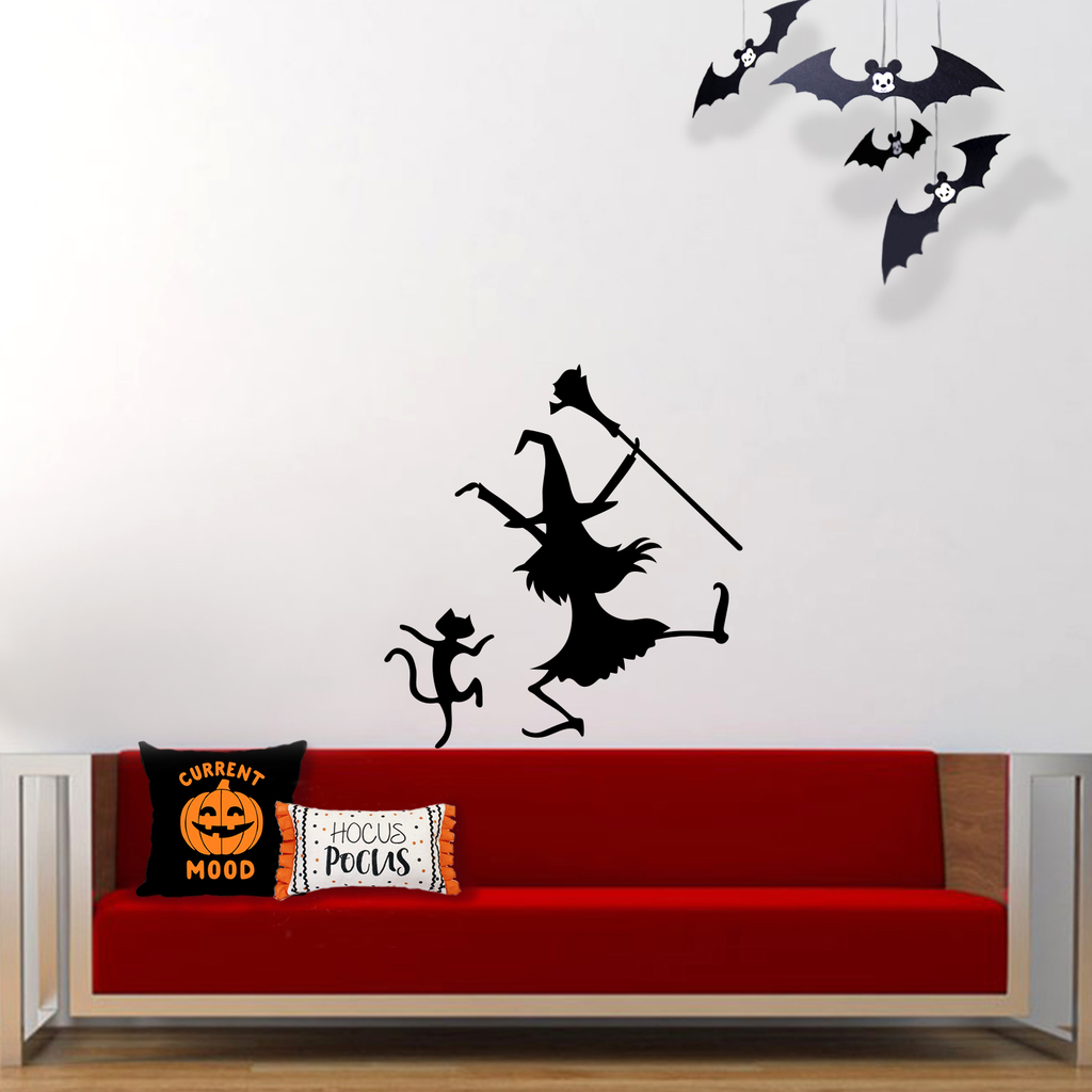 Vinyl Wall Art Decal - Dancing Witch and Cat - 24.5" x 23" - Fun Halloween Theme Seasonal Decoration Sticker - Indoor Outdoor Wall Door Window Living Room Office Decor 660078119747