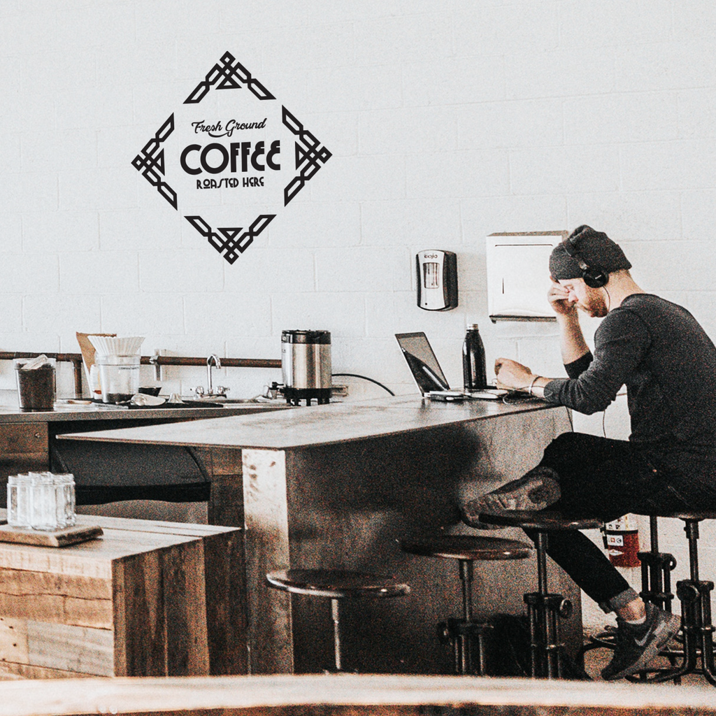 Fresh Ground Coffee Roasted Here - Wall Art Decal 23" x 23" - Cafe Wall Decor - Coffee Lovers Gifts - Coffee Wall Art Decoration - Kitchen Wall Decor 660078089576