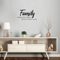 Vinyl Wall Art Decal - Family Where Life Begins & Love Never Ends - 22" x 12" - Inspirational Household Decoration Living Room Bedroom Indoor Outdoor Sticker Wall Decals for Home Decor